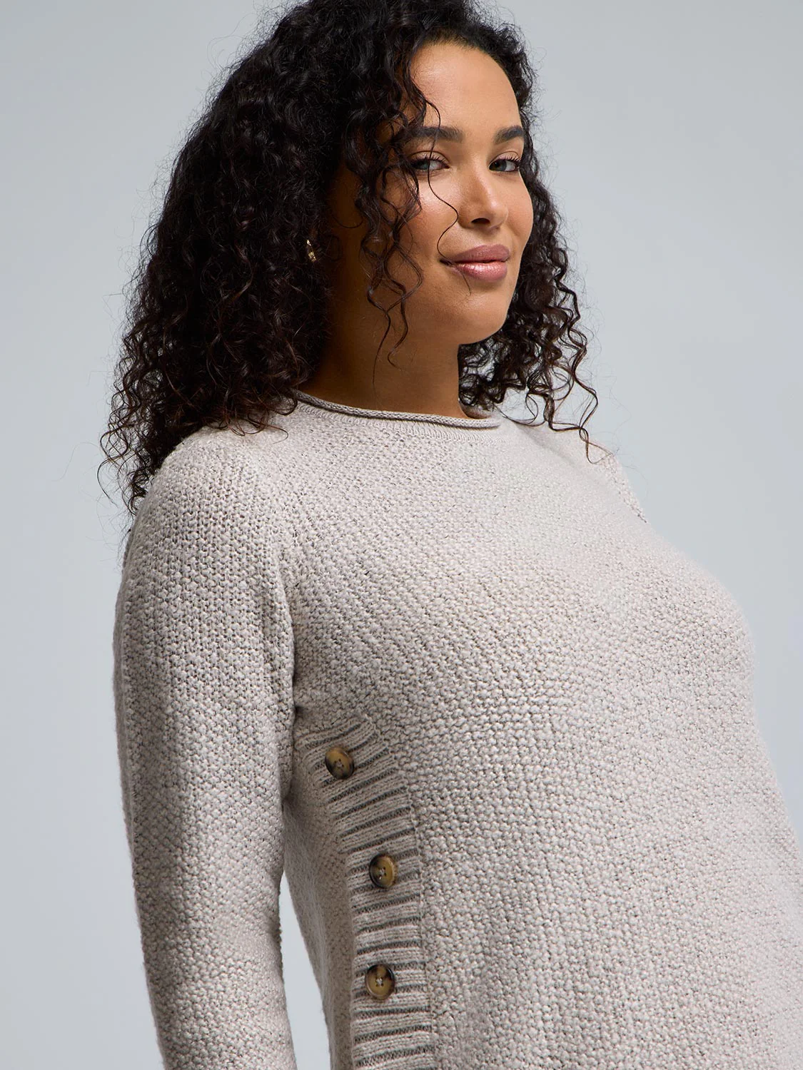 Button-Detail Rounded Hem Sweater - Image 2