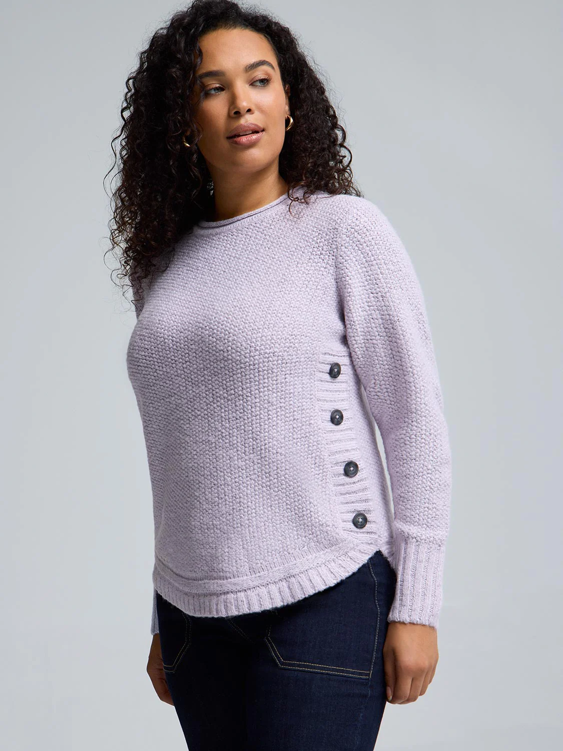 Button-Detail Rounded Hem Sweater - Image 3