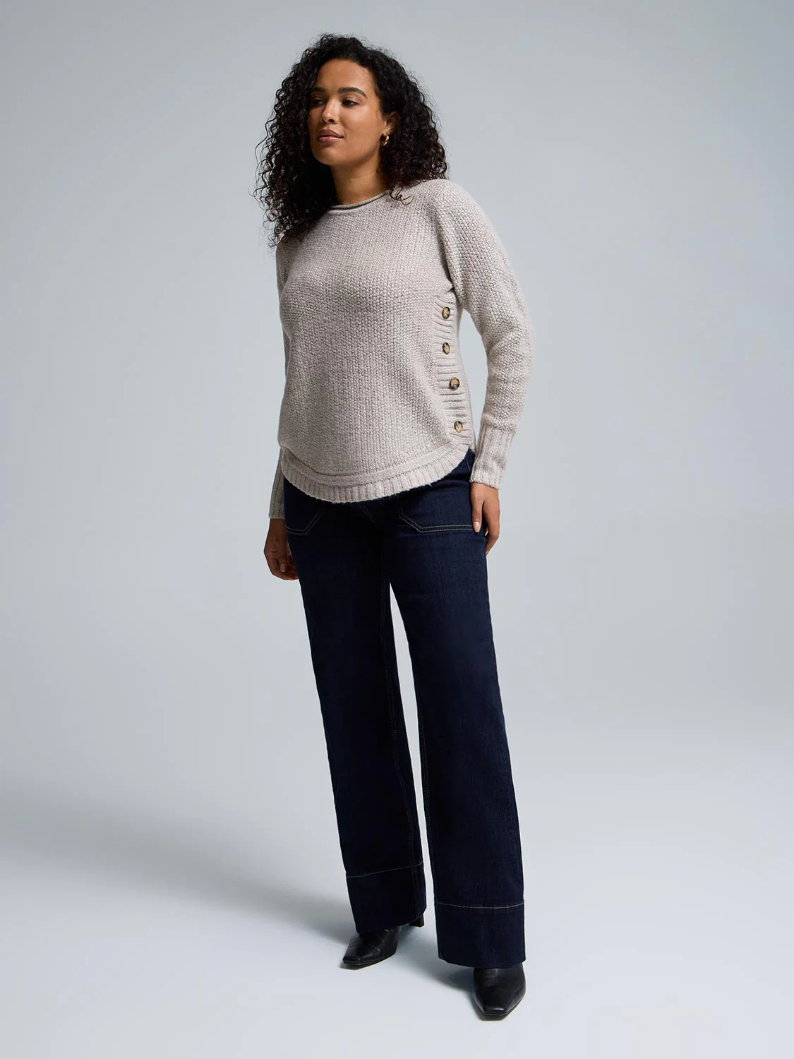 Button-Detail Rounded Hem Sweater - Image 4