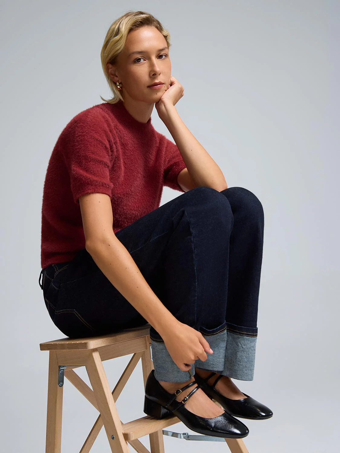 Fuzzy Mock Neck Short Sleeve Sweater - Image 7