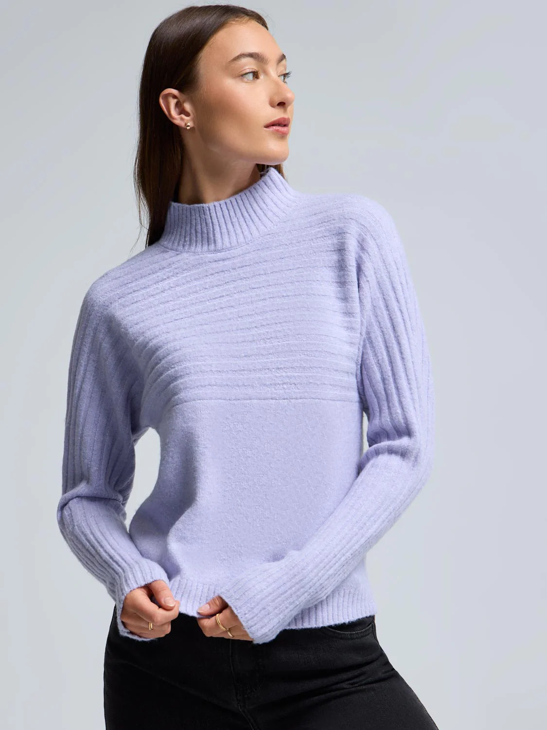 Mock Neck Dolman Sleeve Ribbed Sweater - Image 7