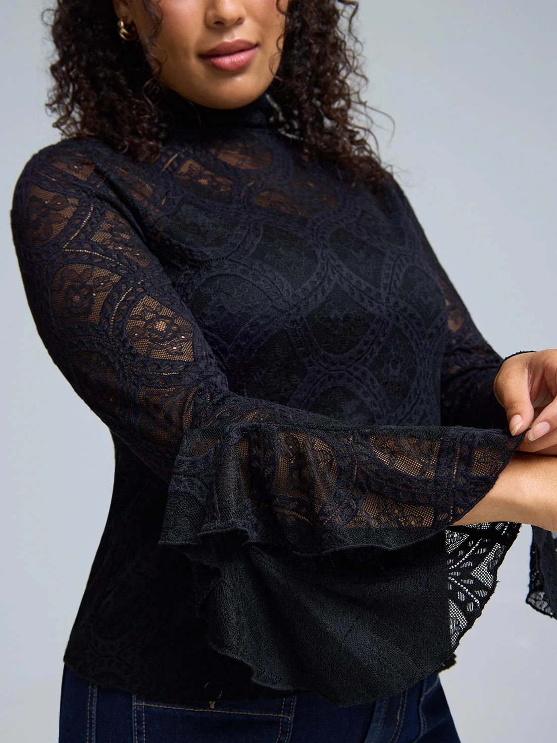 Ruffle Sleeve Mock Neck Lace Top - Image 3