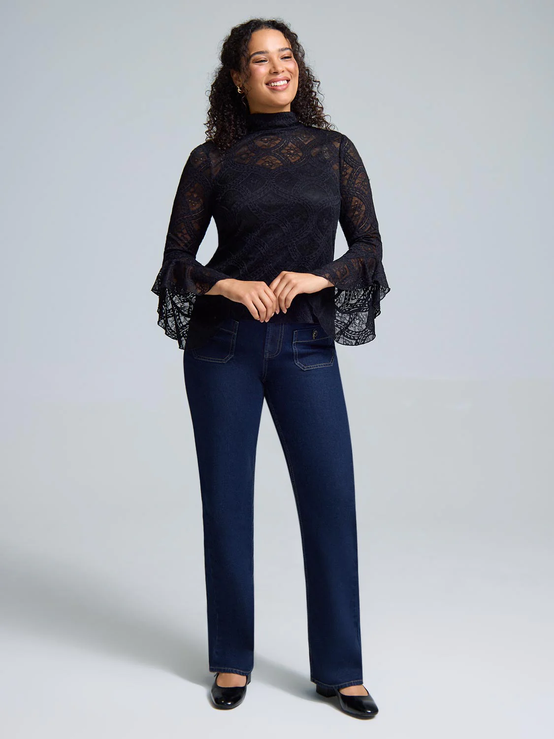 Ruffle Sleeve Mock Neck Lace Top - Image 4