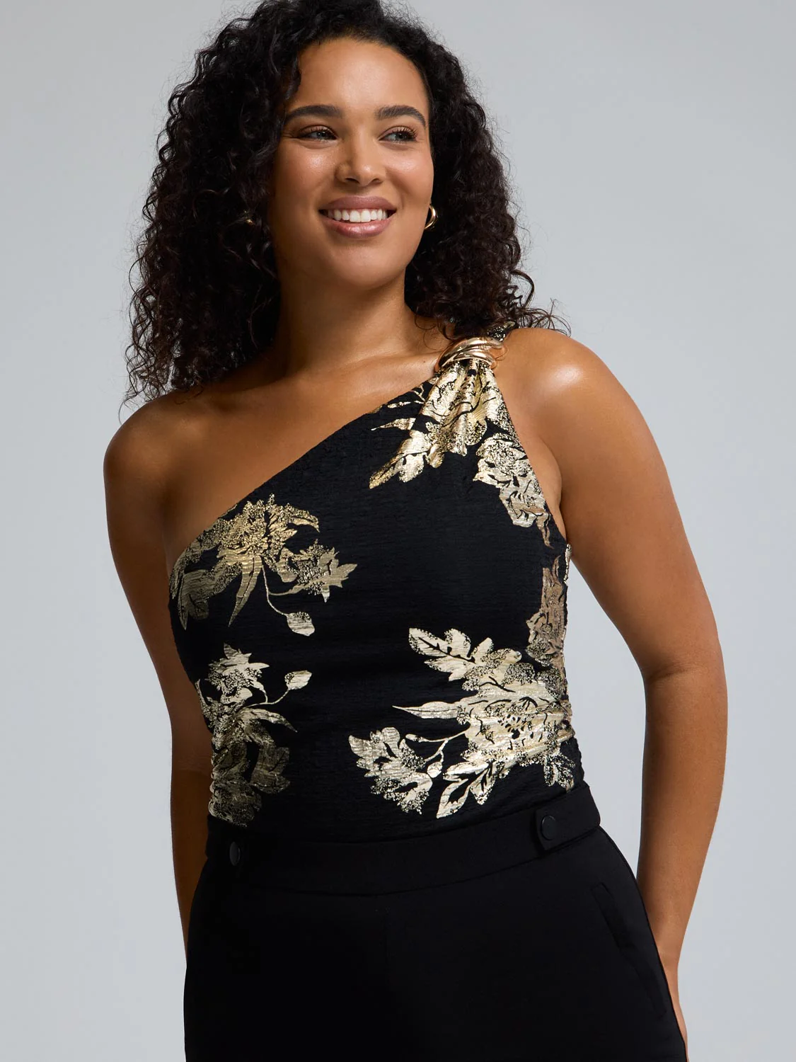 Foil Floral Print One-Shoulder Top