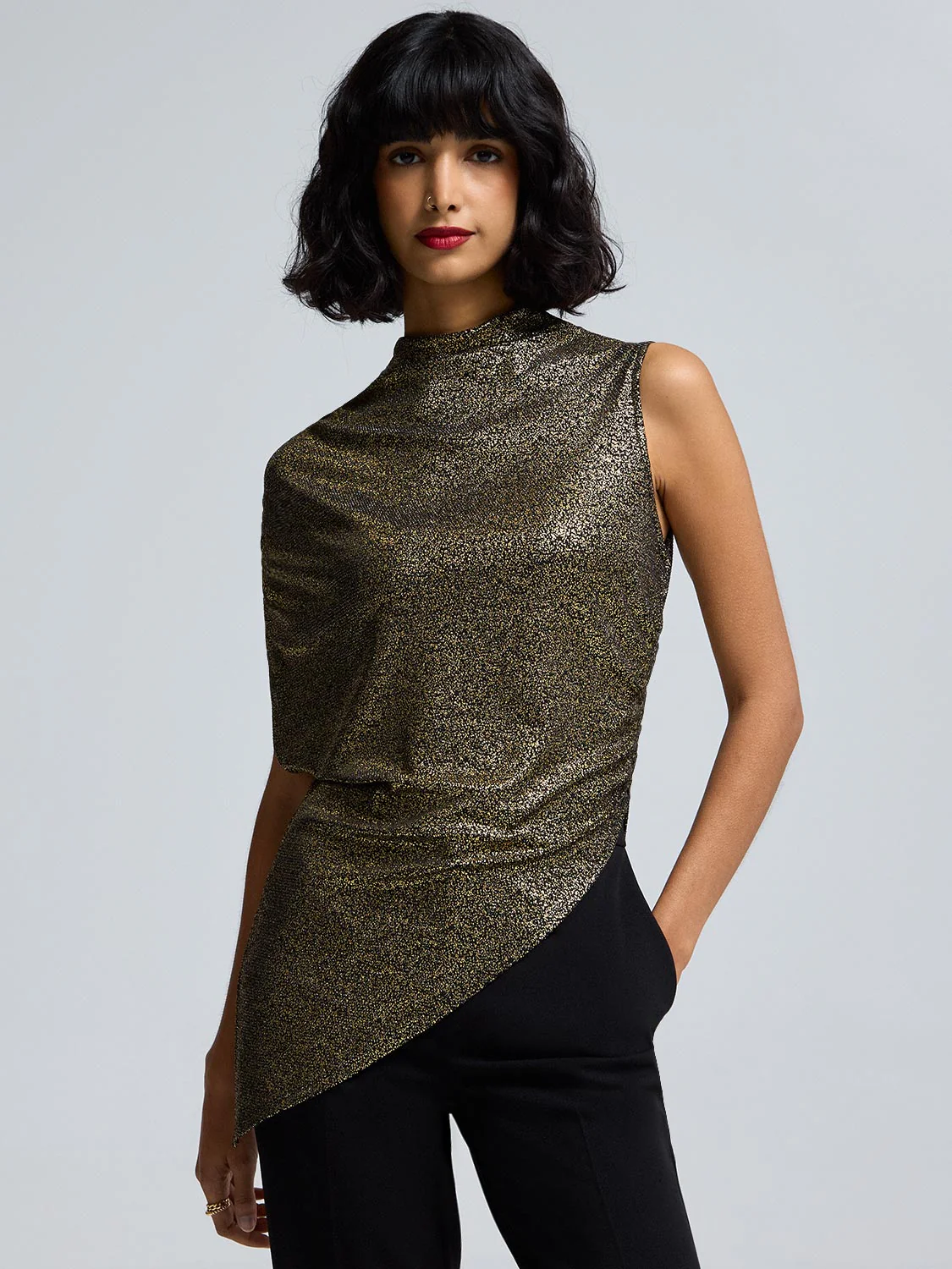 Foil Mock Neck Asymmetrical Top