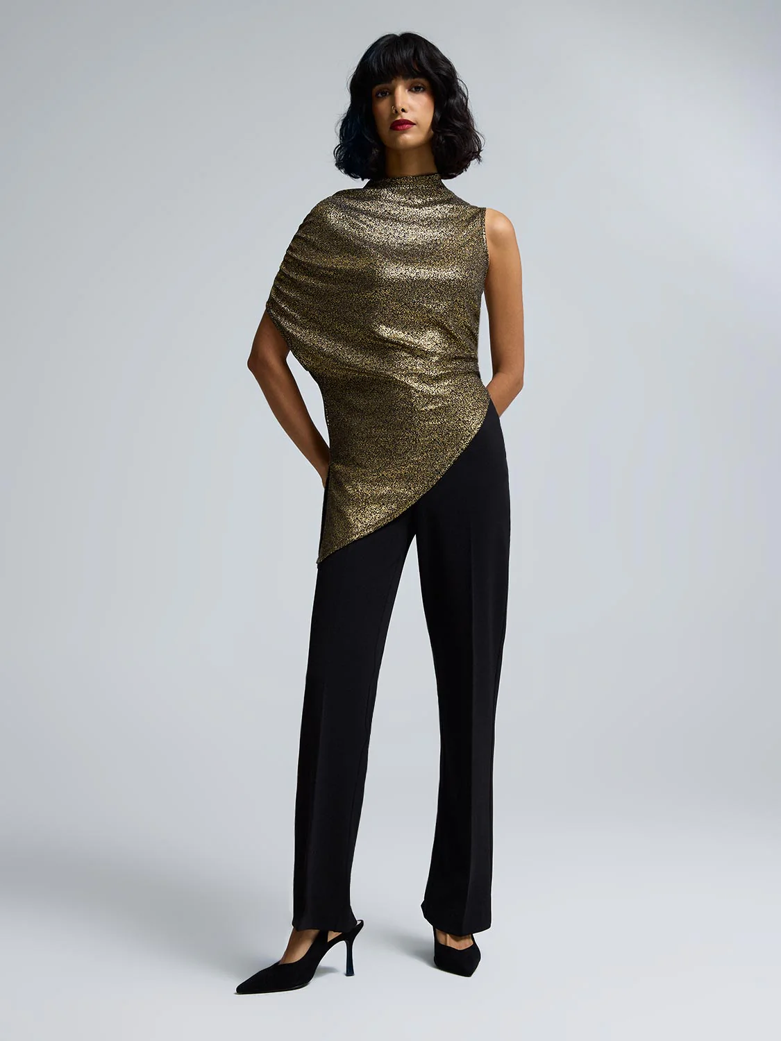Foil Mock Neck Asymmetrical Top - Image 3