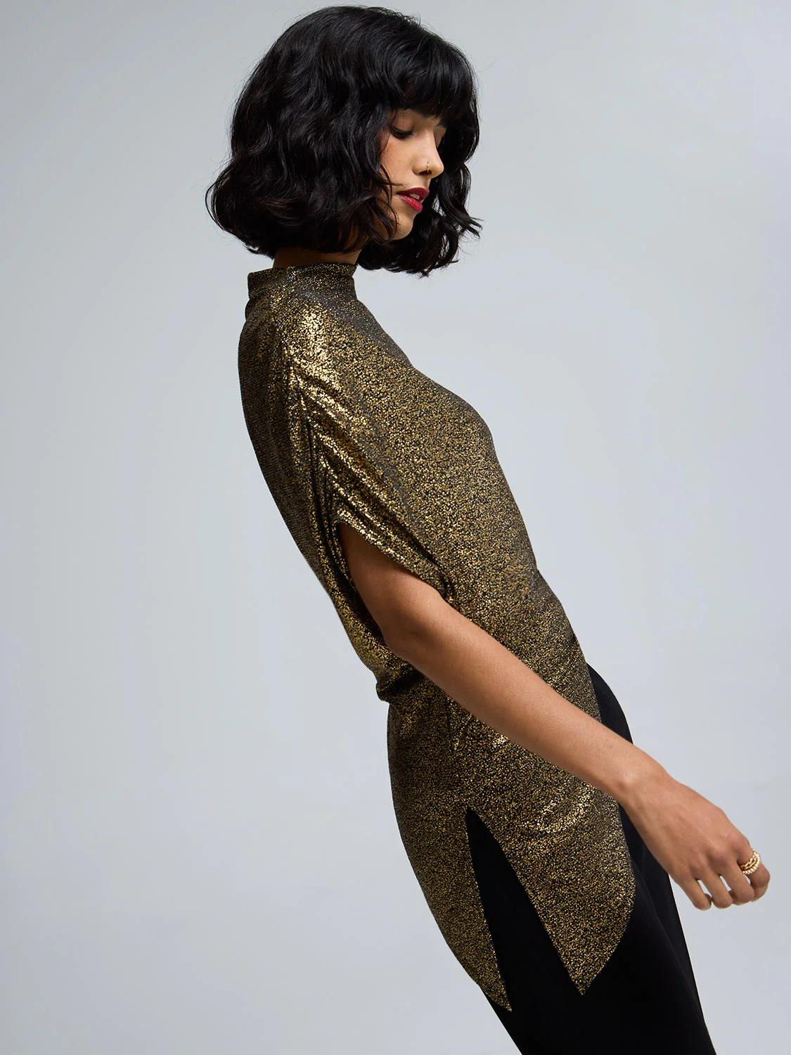 Foil Mock Neck Asymmetrical Top - Image 5