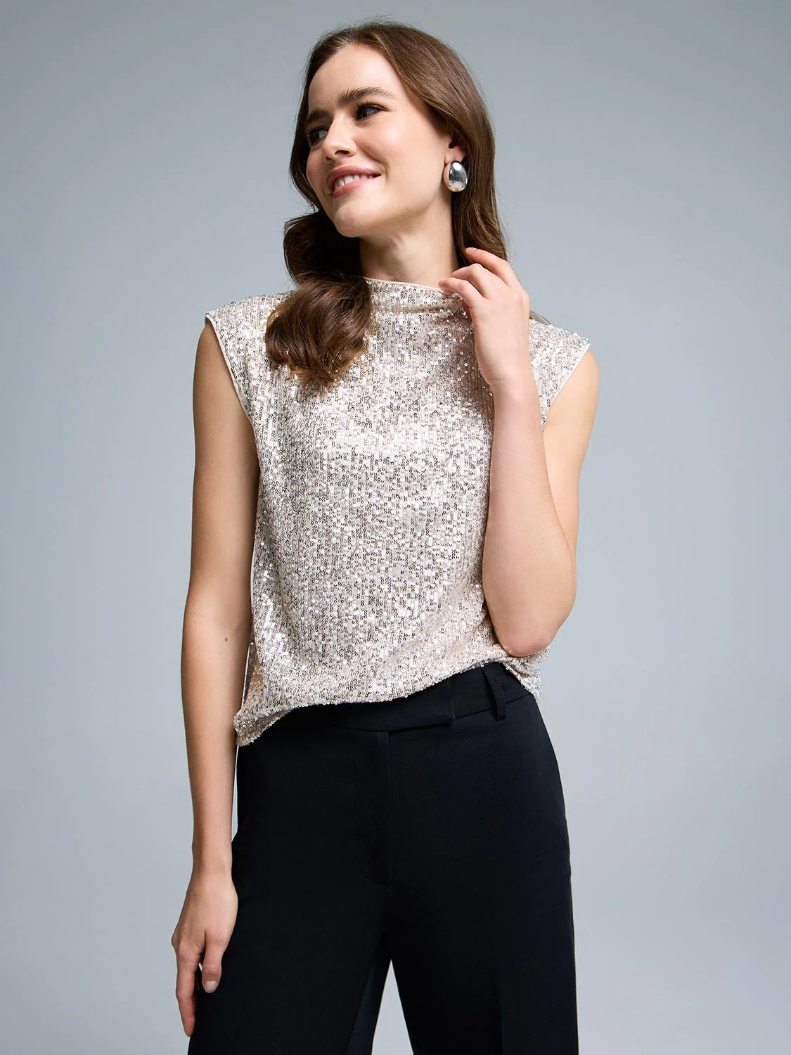 Sequin Mesh Funnel Neck Top - Image 2