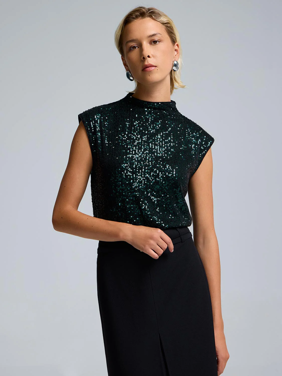 Sequin Mesh Funnel Neck Top - Image 7