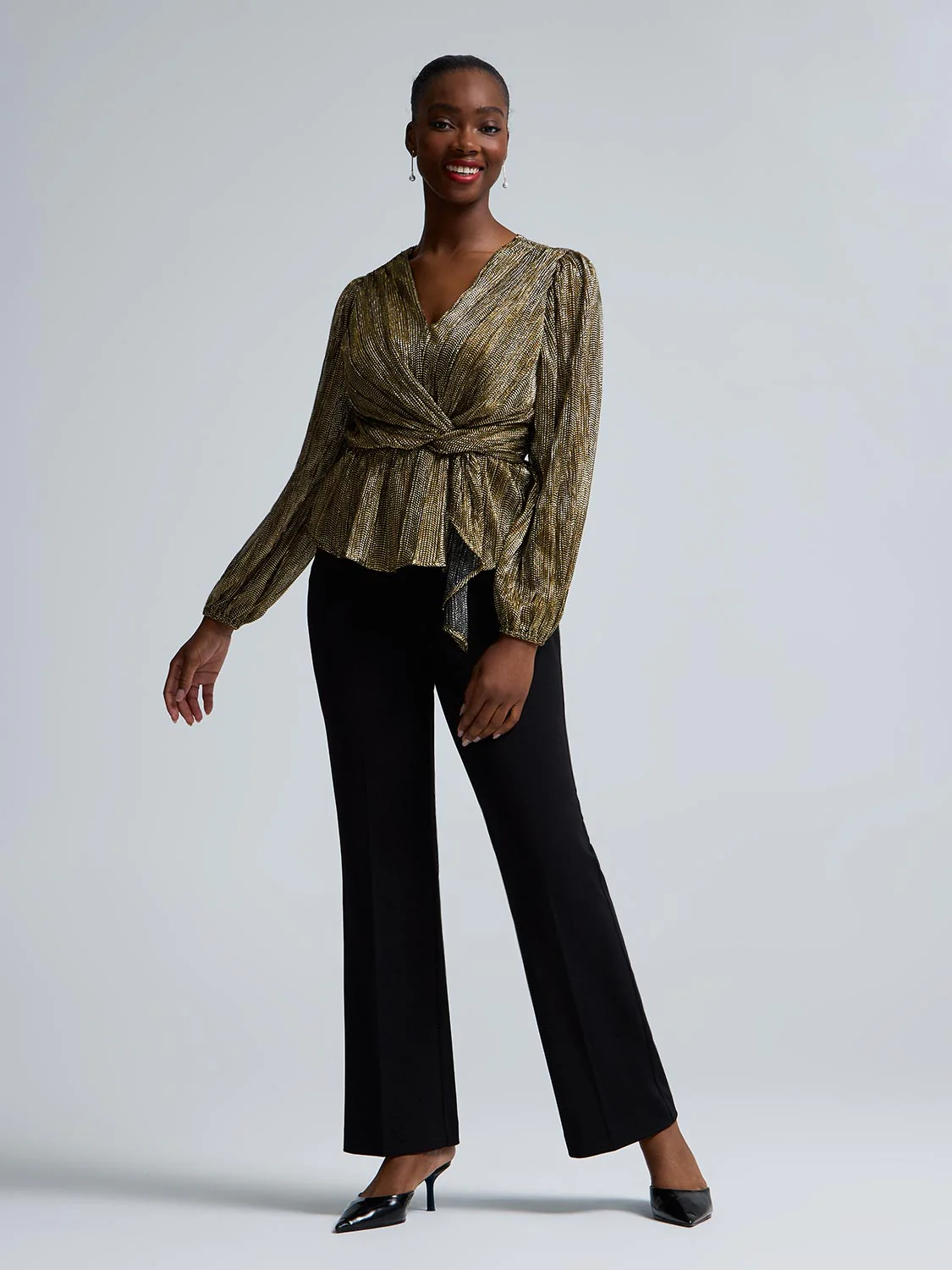 Foil Mesh Sleeve Peplum Top - Image 2