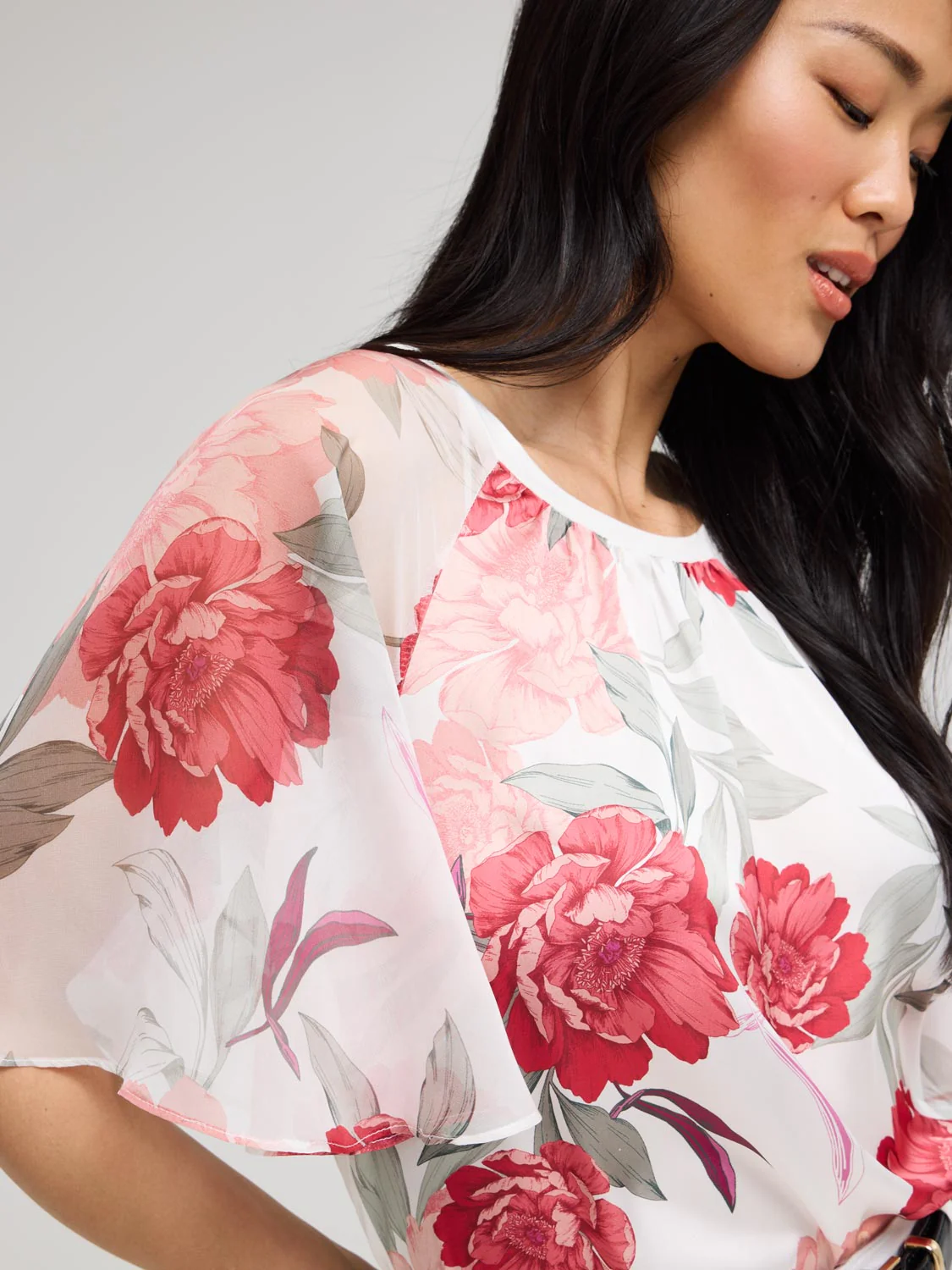 Floral Satin Top With Chiffon Flutter Sleeves - Image 4