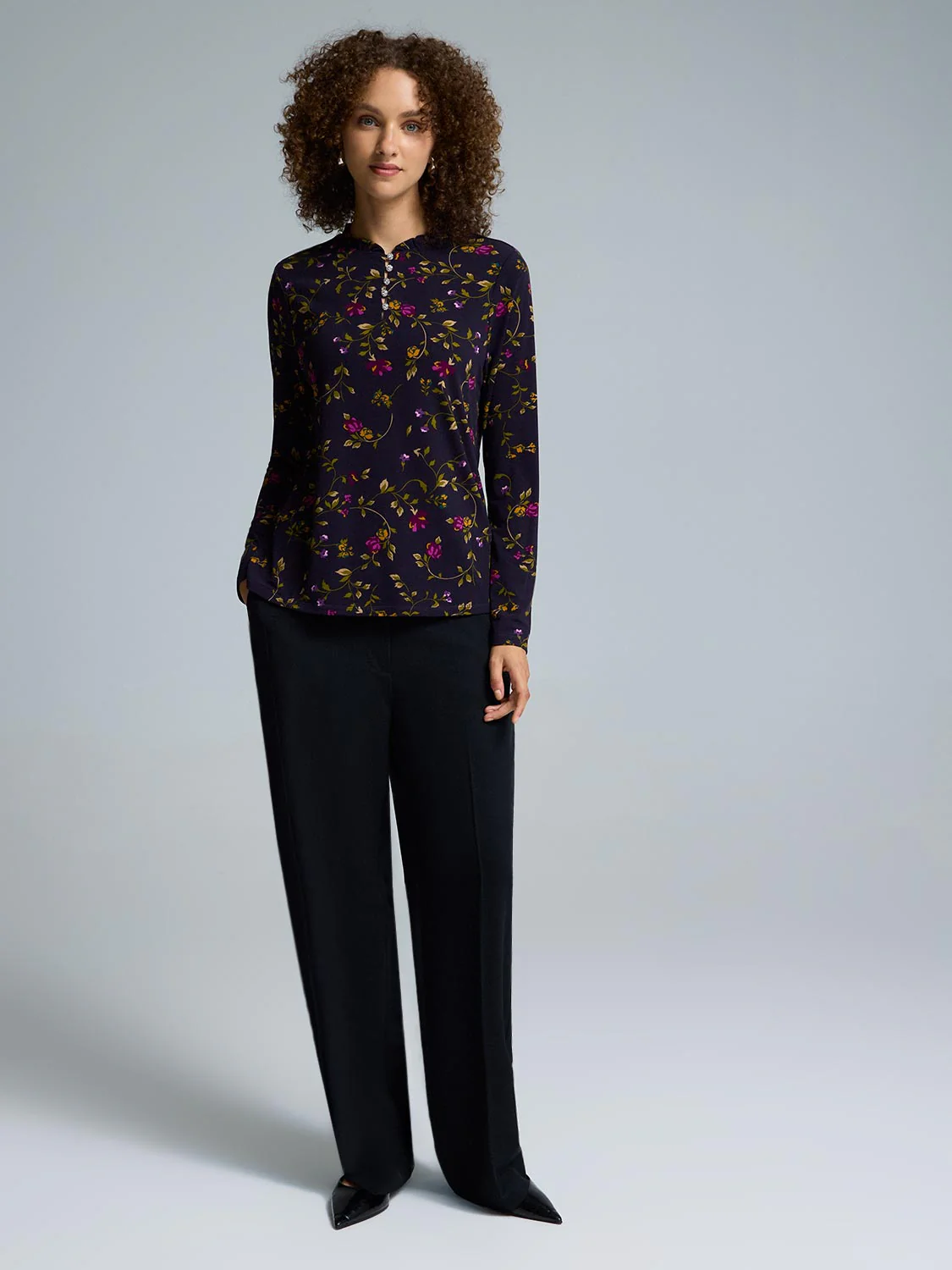 Floral Print Rhinestone Pie Crust Neck Top - Image 2