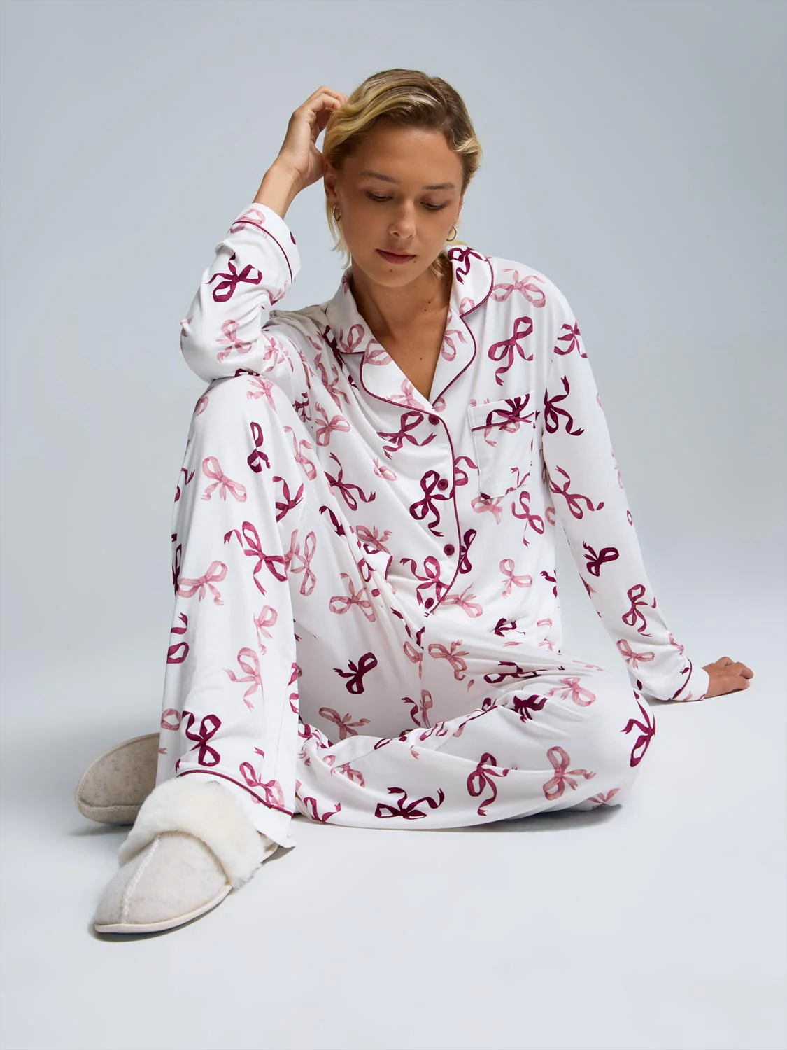 Bow Print Button-Down Pajama Set - Image 2