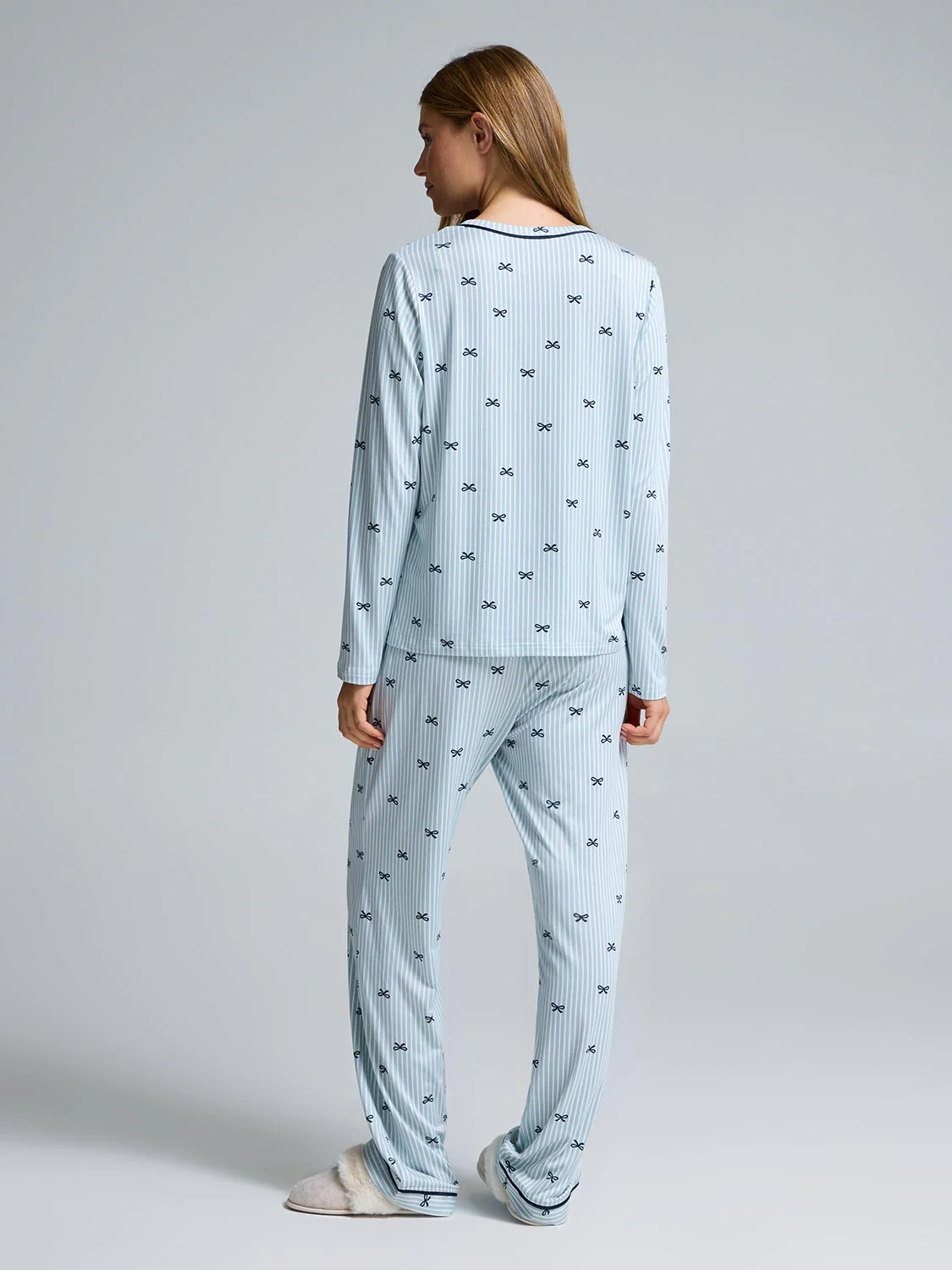 Striped Bow Split Collar Pajama Set - Image 5