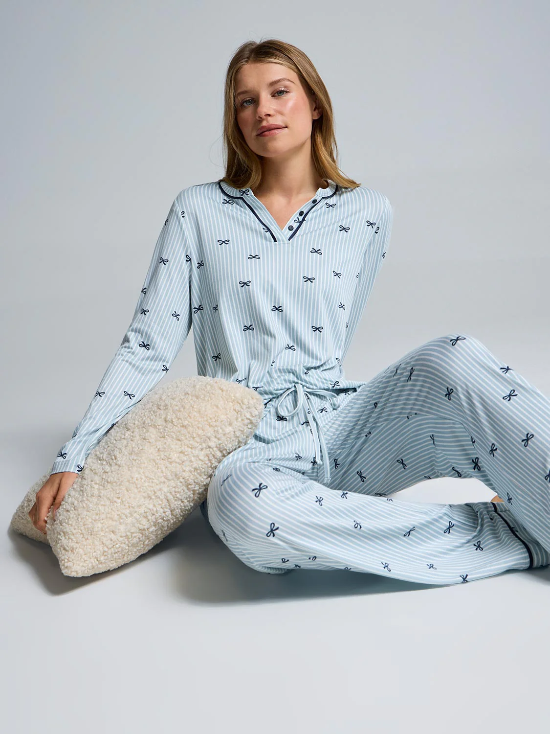 Striped Bow Split Collar Pajama Set - Image 7