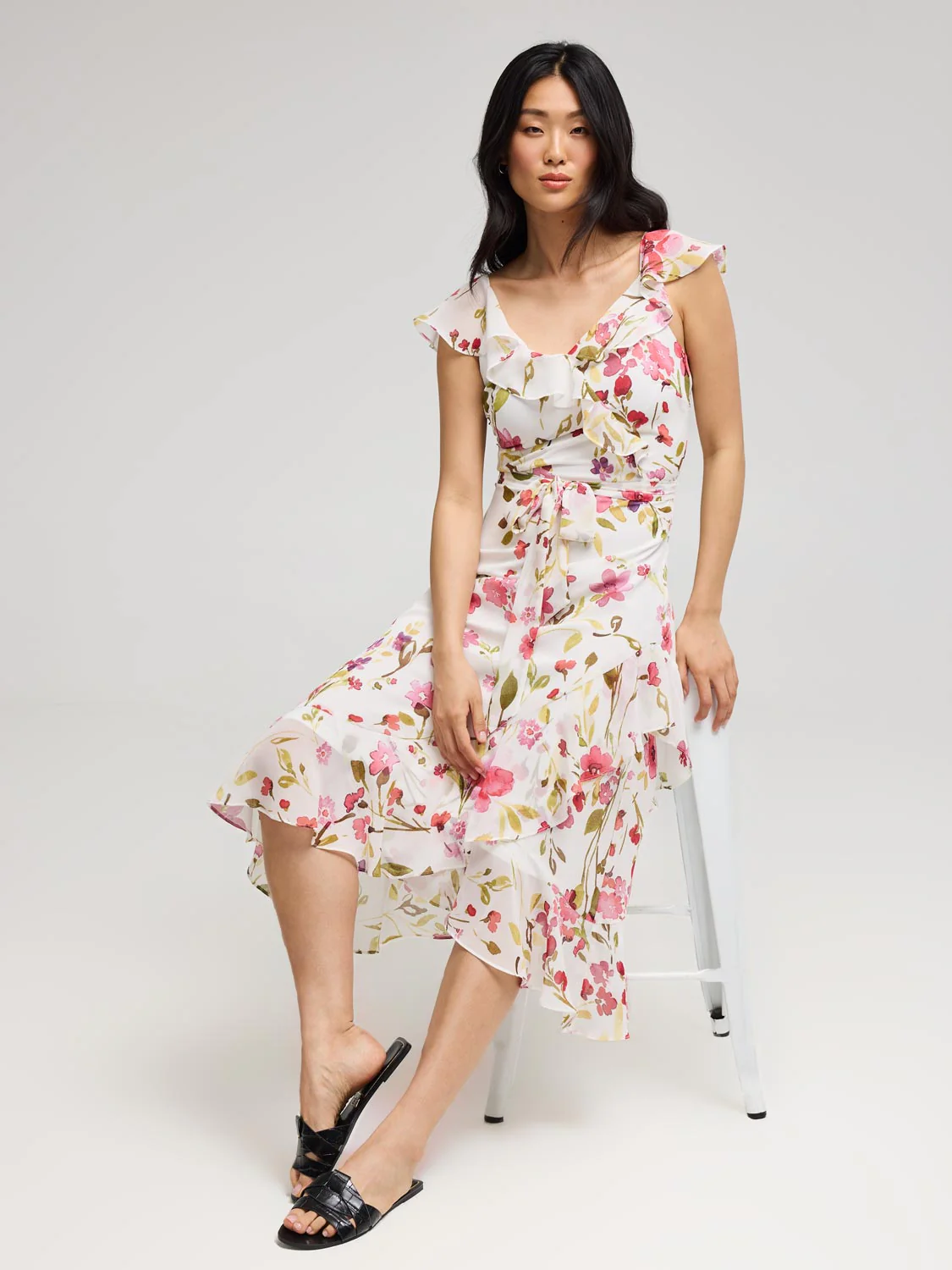 Floral Ruffle Wrap Front Chiffon Dress - Image 3