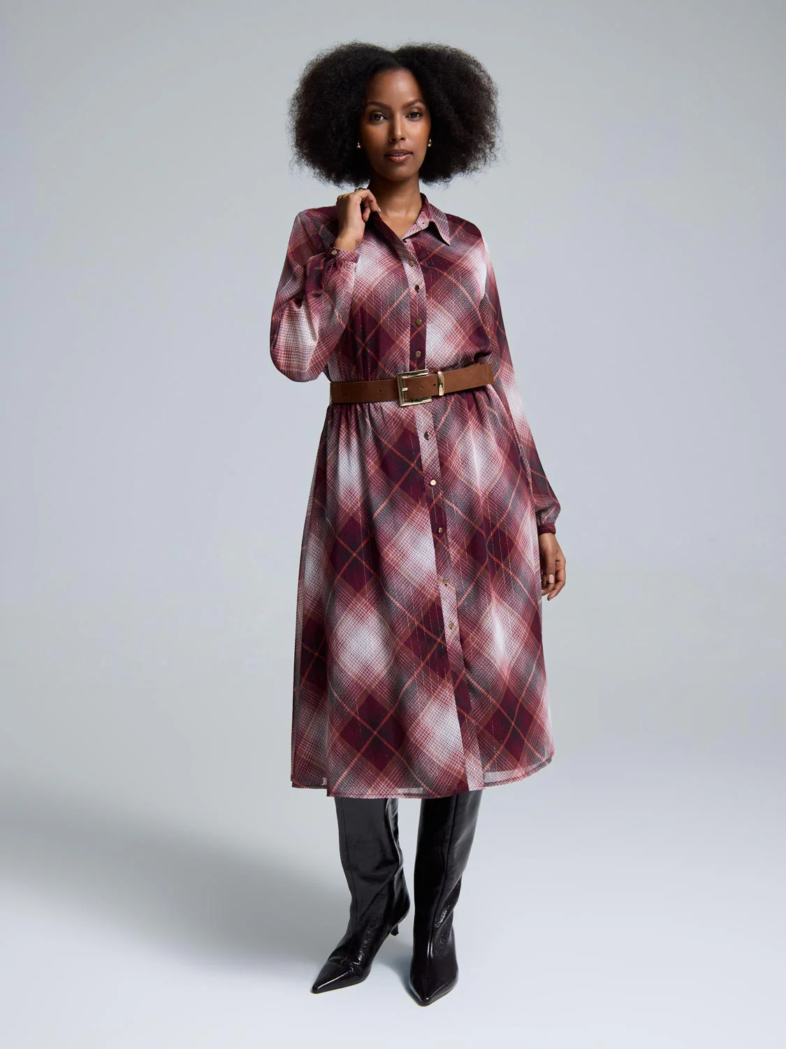 Metallic Plaid Midi Shirt Dress - Image 3