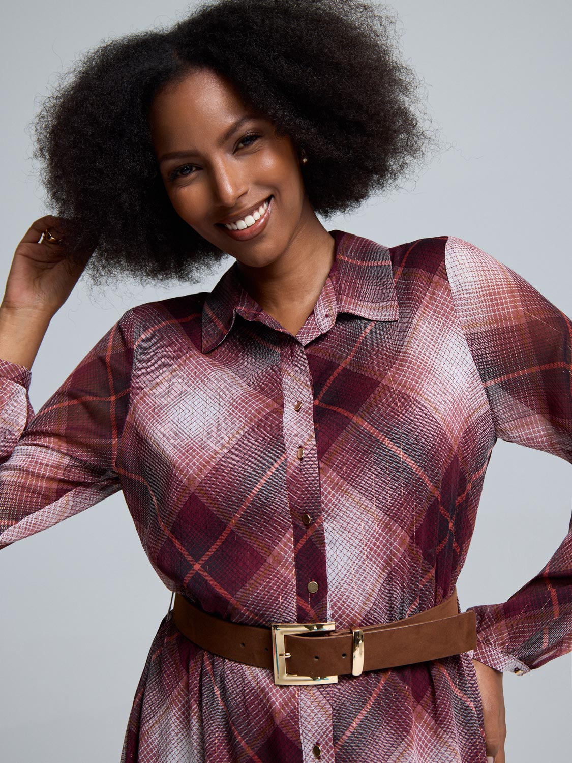 Metallic Plaid Midi Shirt Dress - Image 4