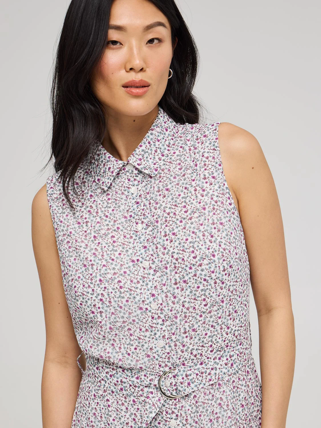 Sleeveless Ditsy Floral Button-Front Chiffon Dress - Image 4