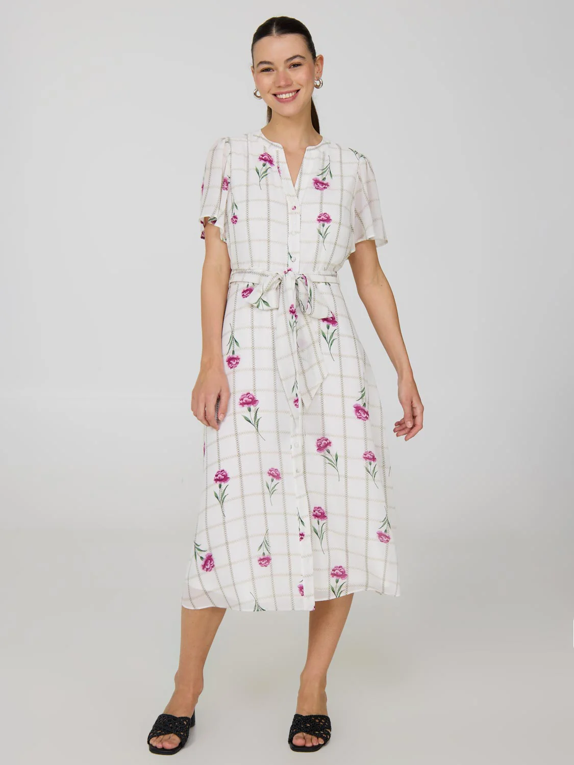 Floral Split Neck Chiffon Midi Dress
