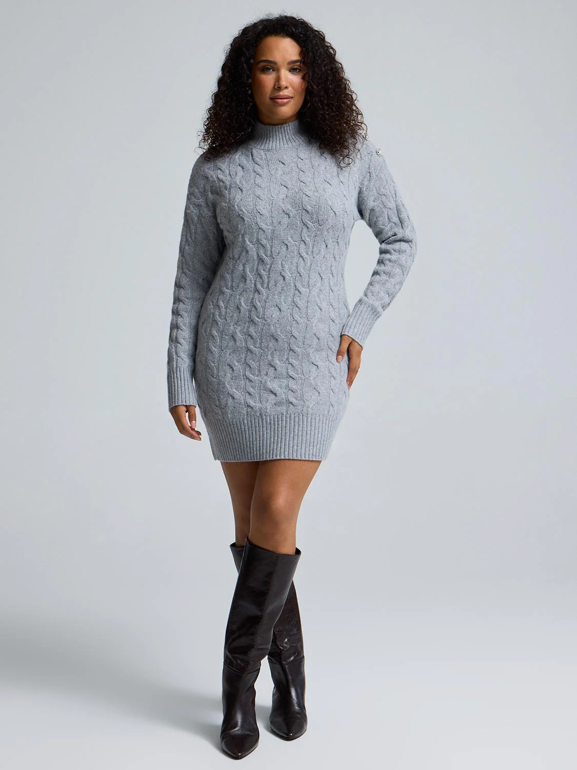 Mock Neck Cable Knit Sweater Dress - Image 4
