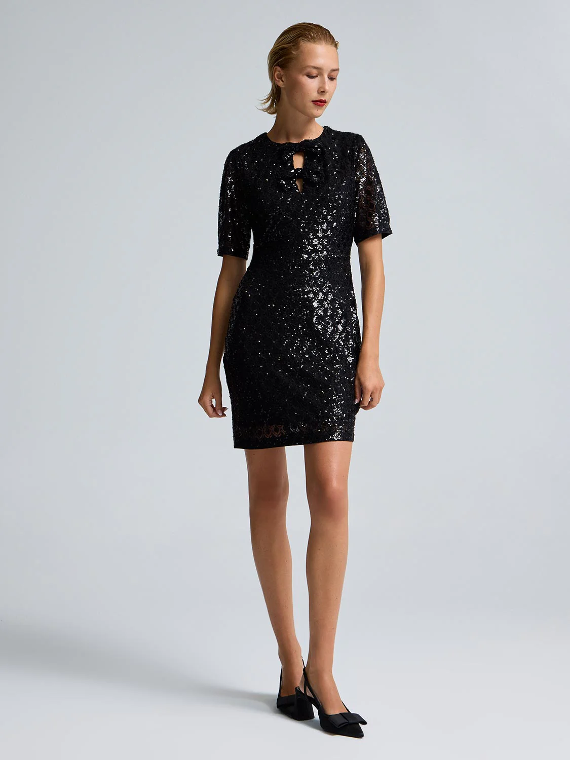 Bow Detail Sequin Mesh Dress