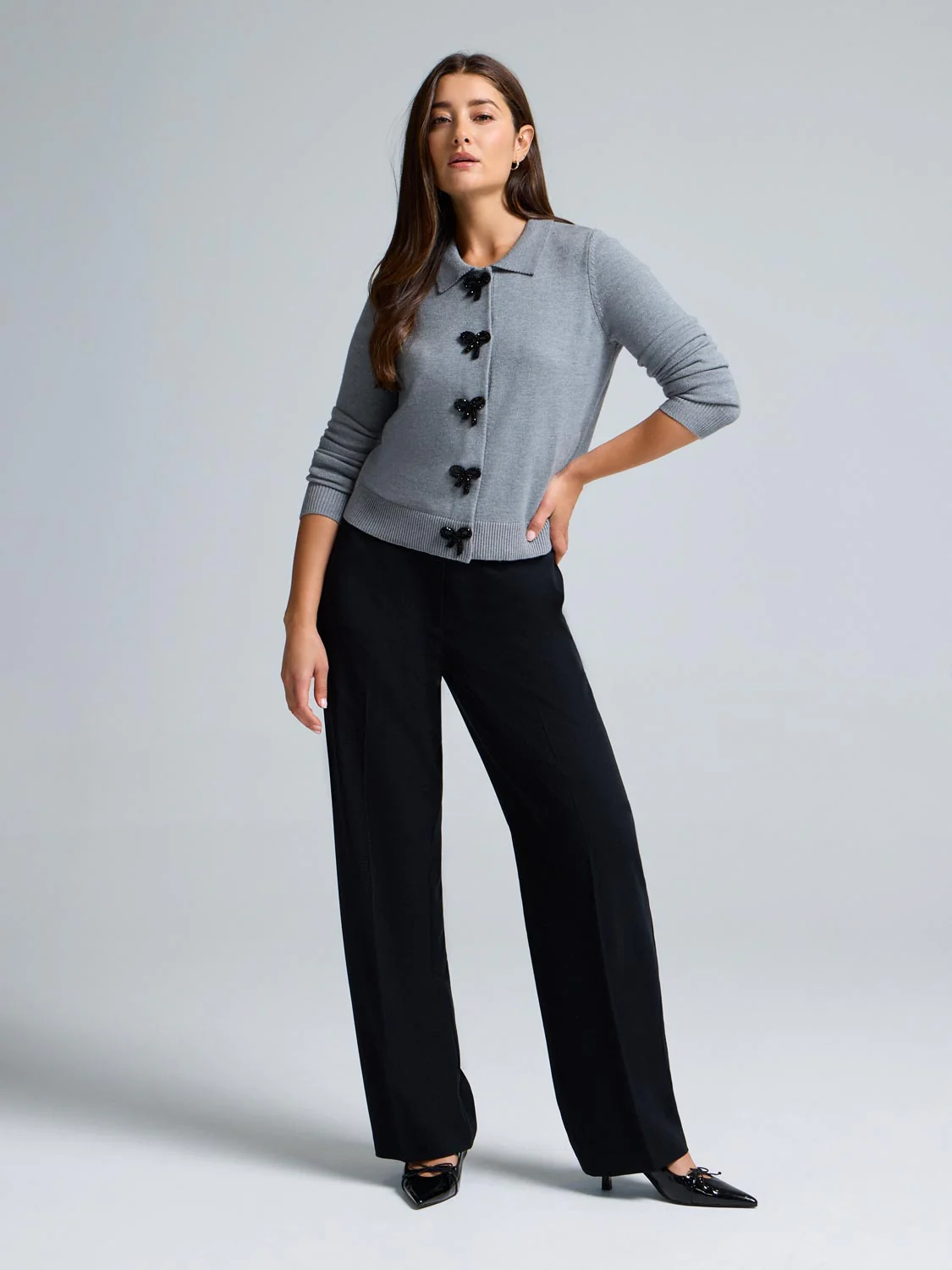 Bow-Button Collared Cardigan - Image 2