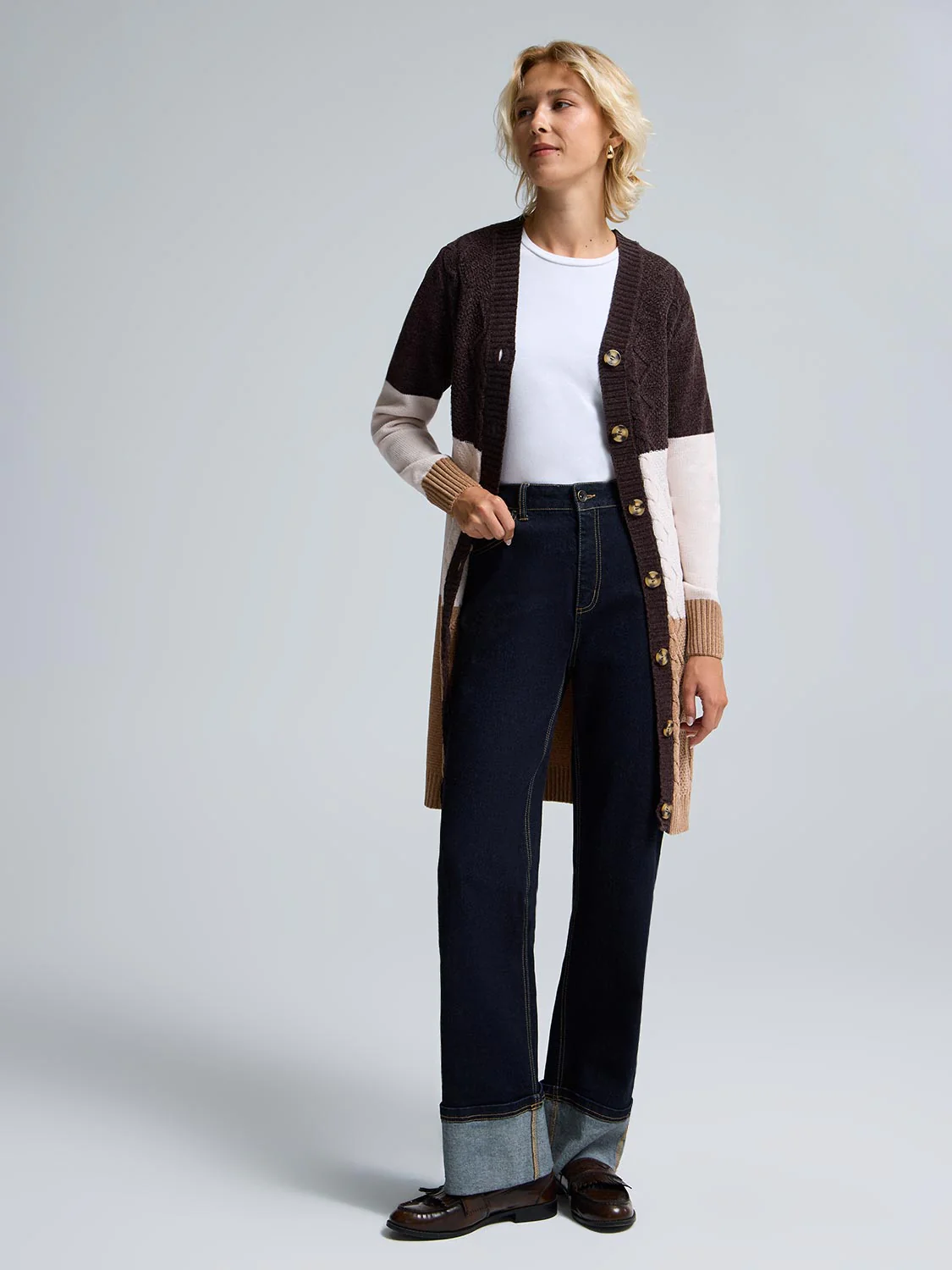 Chenille Colour Block Long Cardigan - Image 5