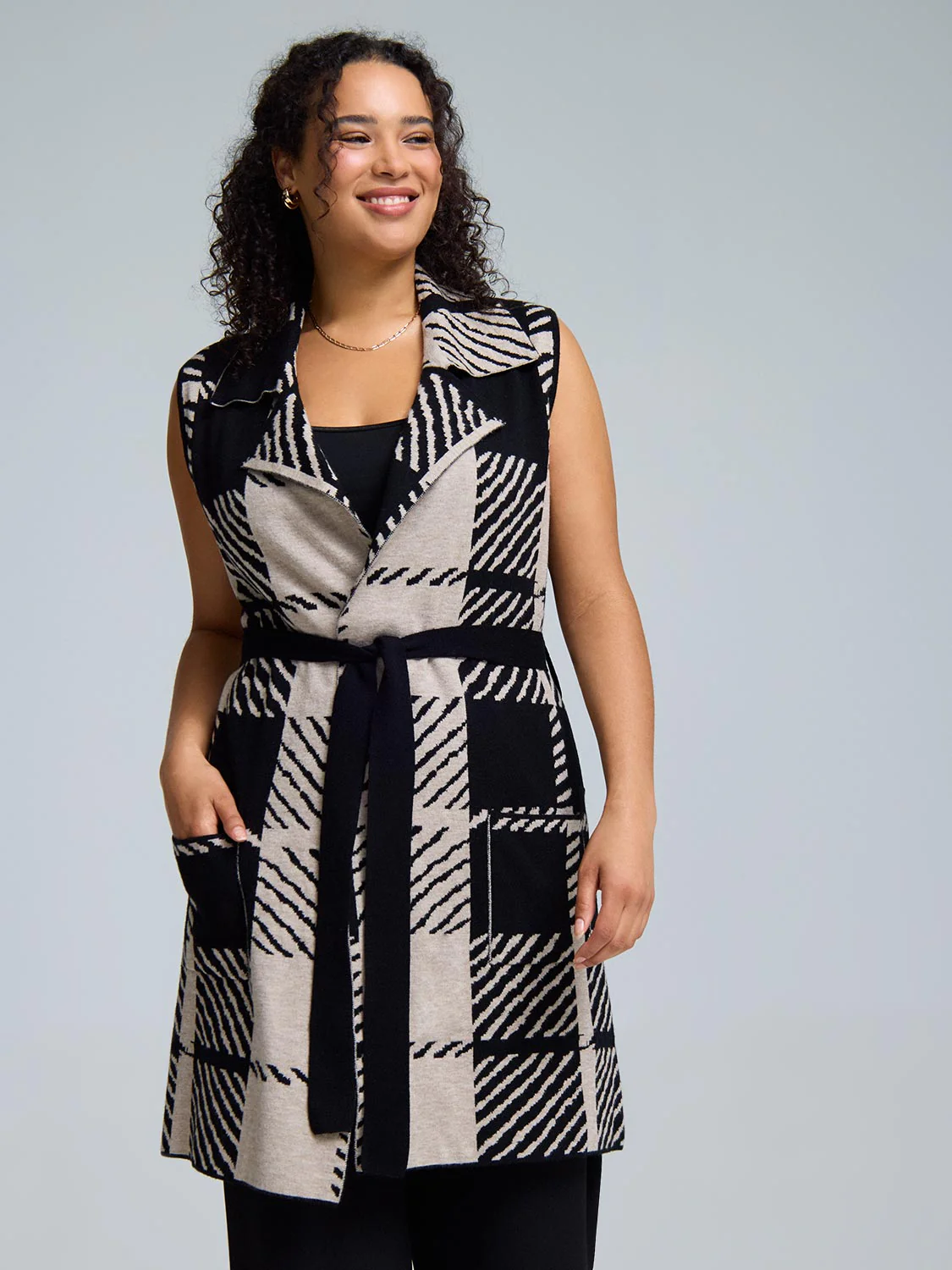 Sleeveless Belted Collared Plaid Duster