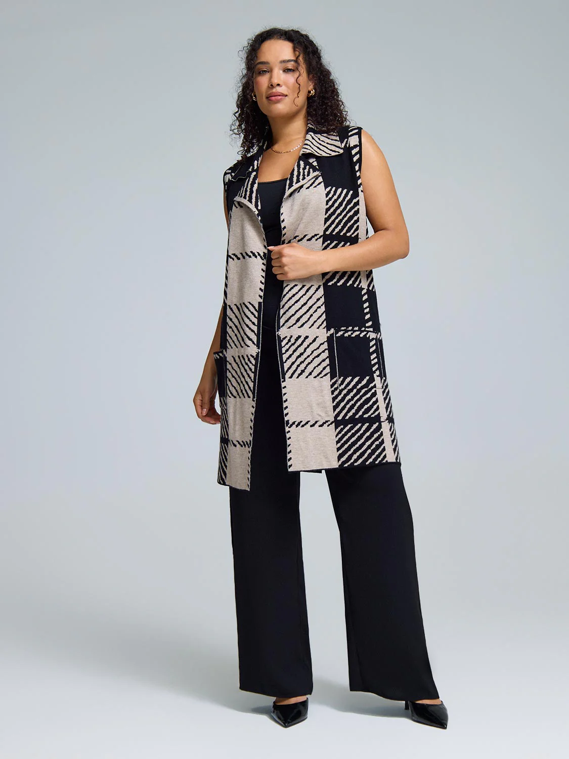 Sleeveless Belted Collared Plaid Duster - Image 3