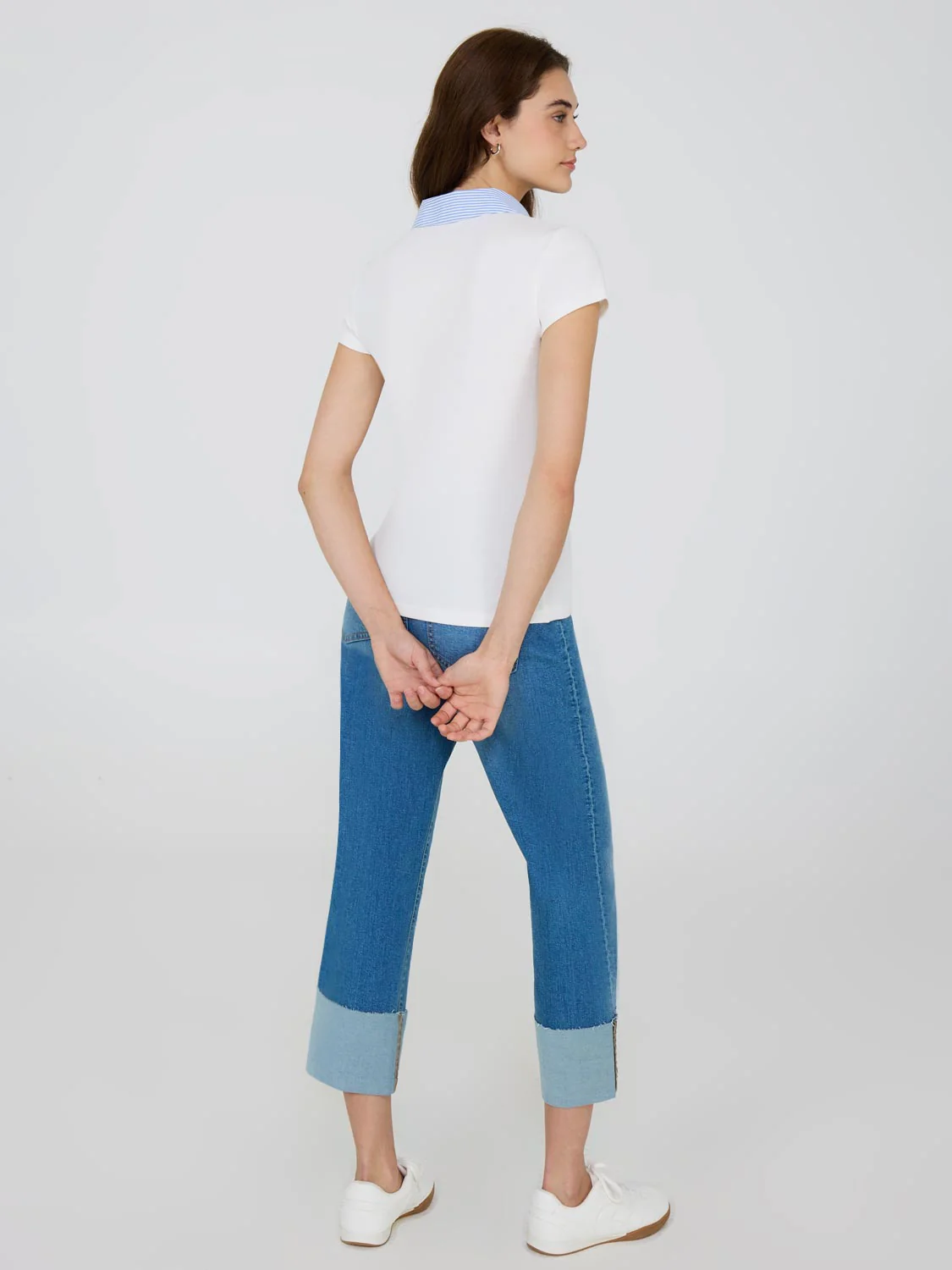 Poplin Collar Ribbed V-Neck Top - Image 3