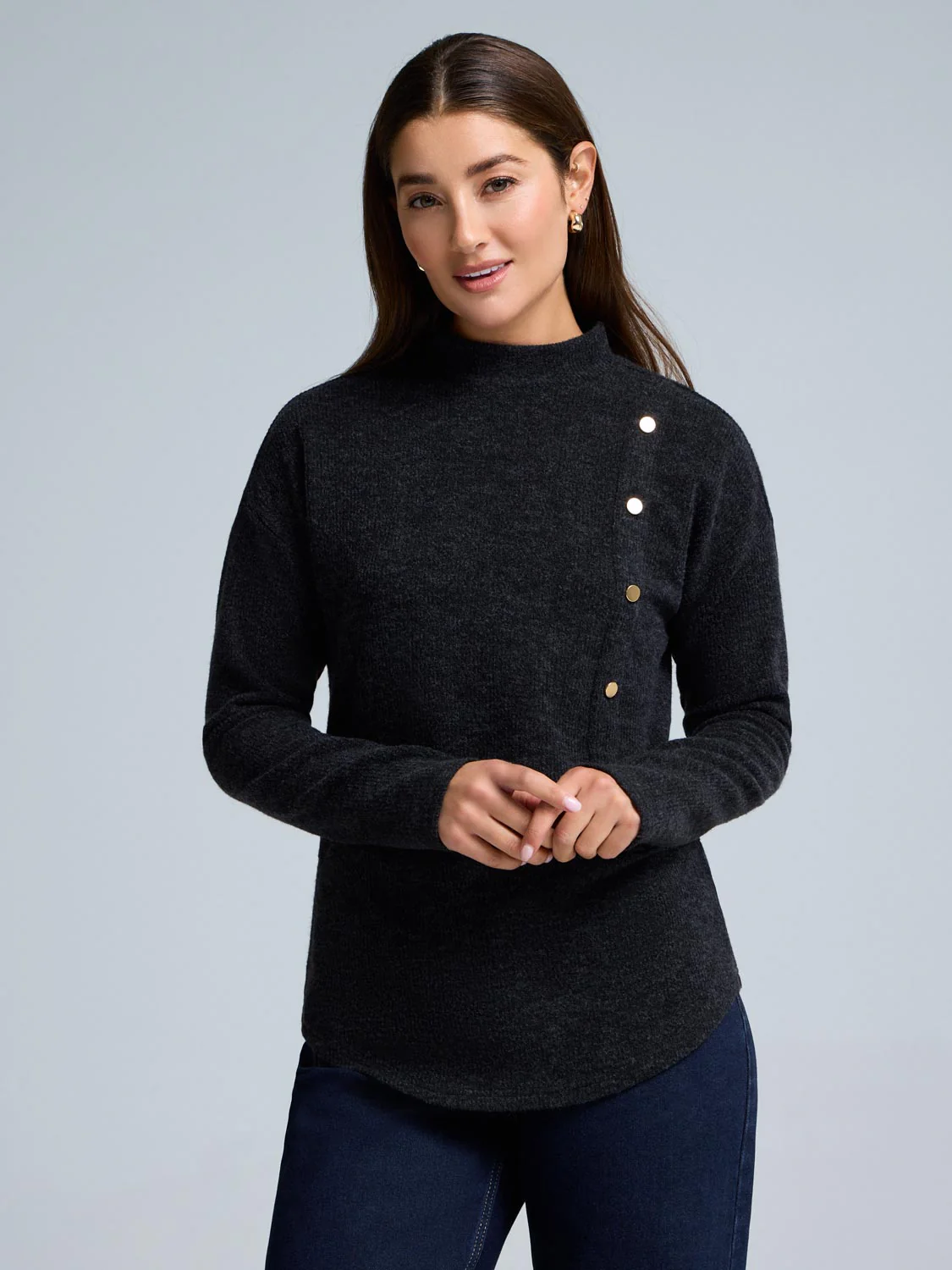 Button Detail Mock Neck Tunic Sweater - Image 2