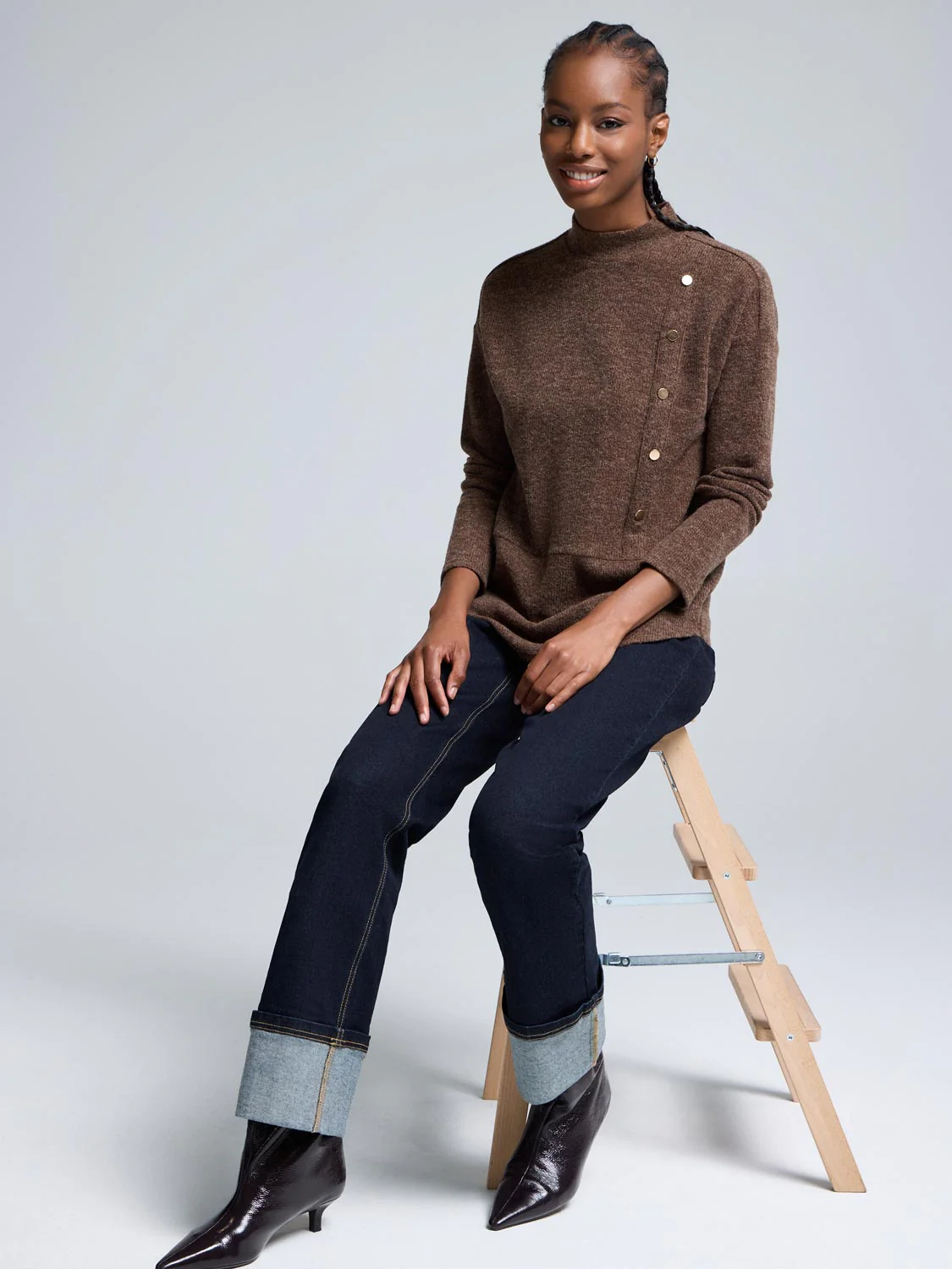 Button Detail Mock Neck Tunic Sweater - Image 5