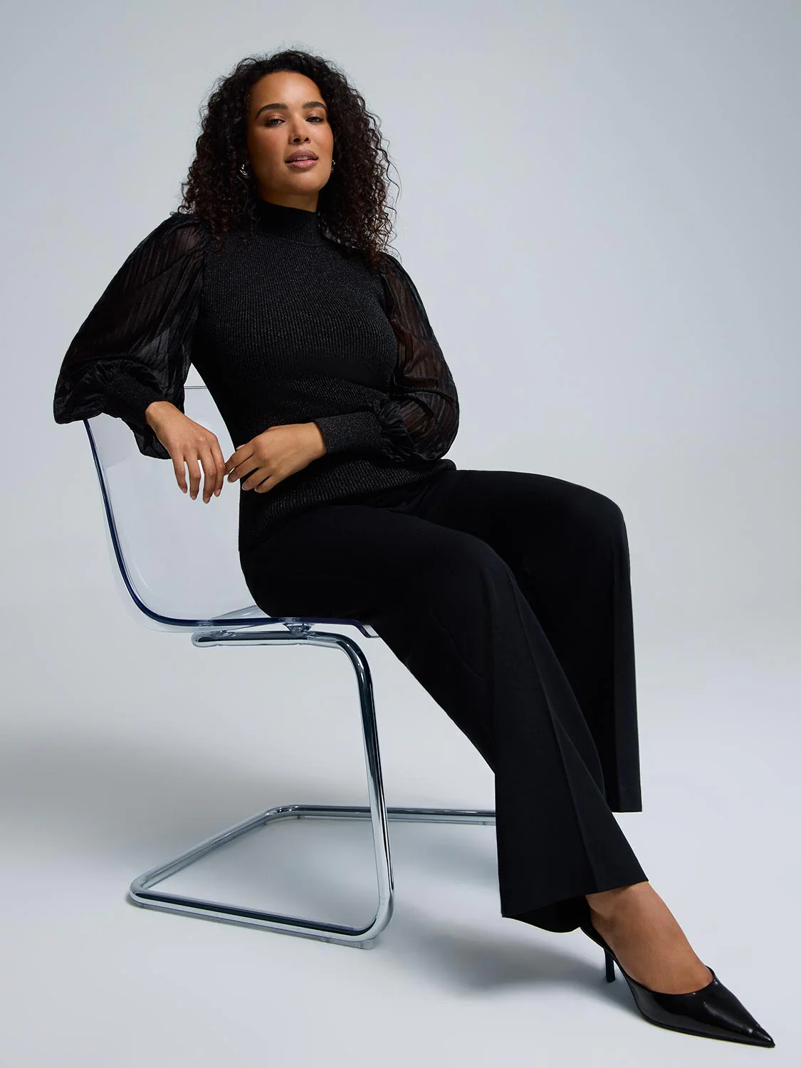 Metallic Plisse Sleeve Mock Neck Top - Image 3