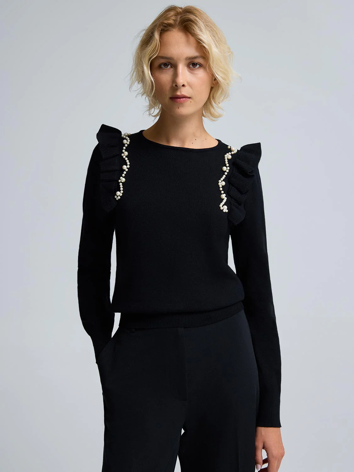 Pearl Embellished Ruffle Sweater - Image 2