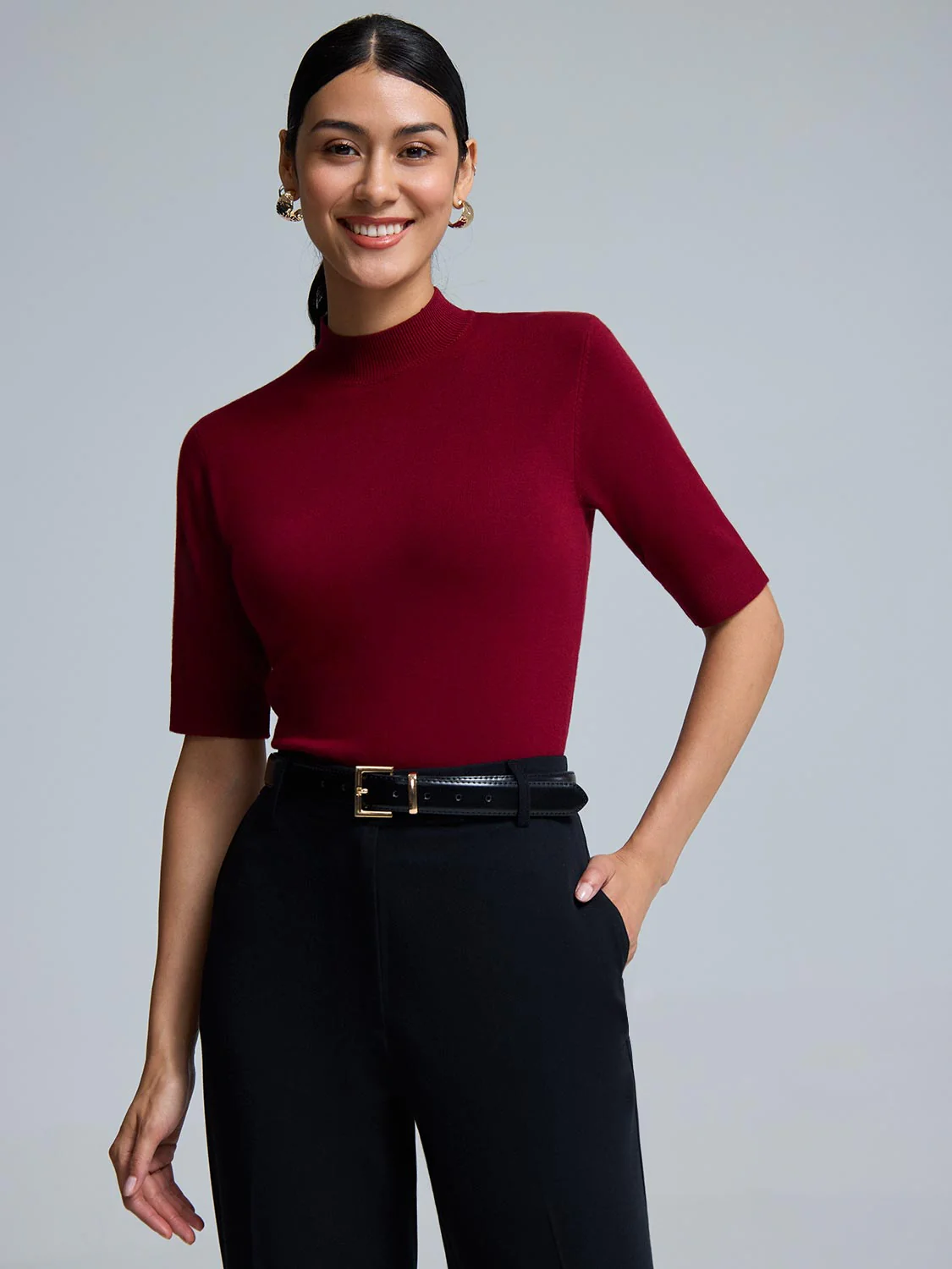 Elbow Sleeve Mock Neck Top - Image 12