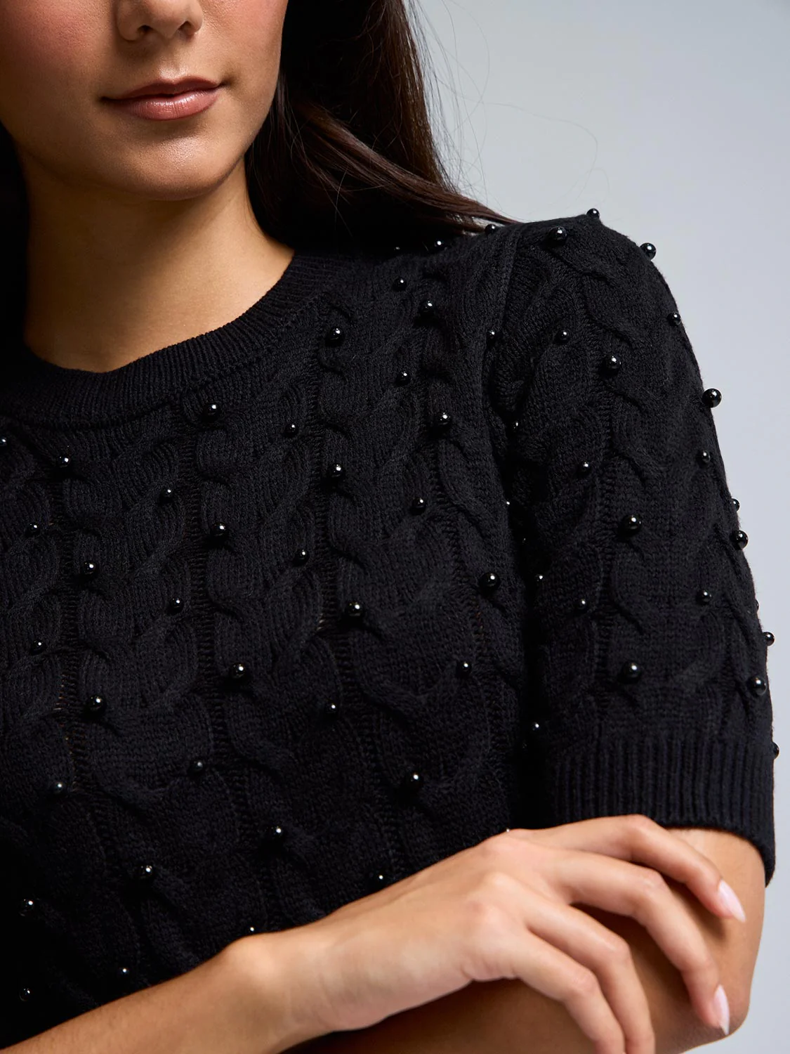 Short Sleeve Pearl Cable Knit Sweater - Image 2