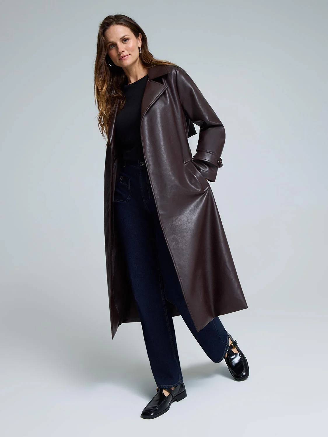 Long Faux Leather Trench Coat - Image 3