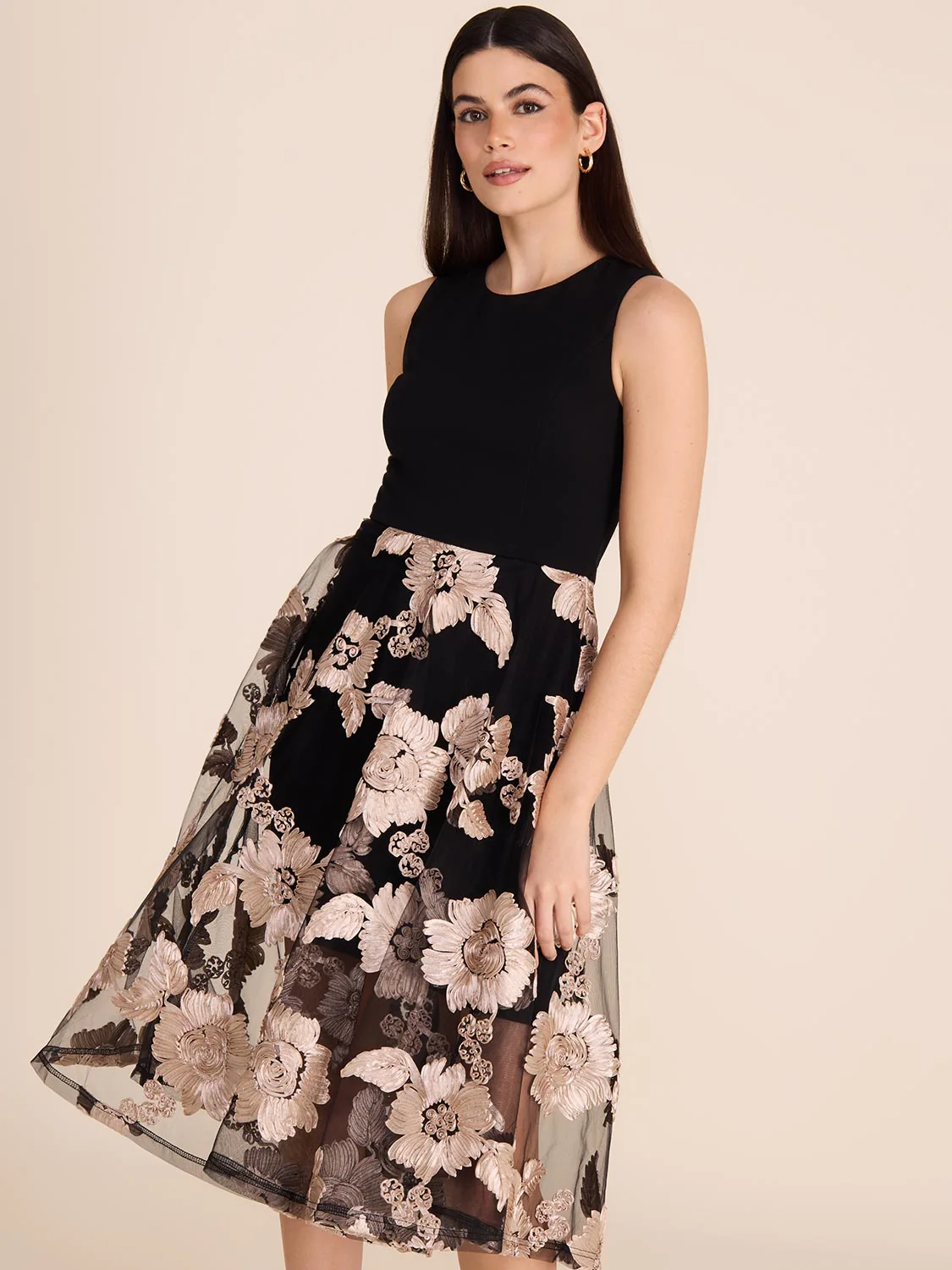 Midi Fit & Flare Dress With Floral Mesh Skirt - Image 3