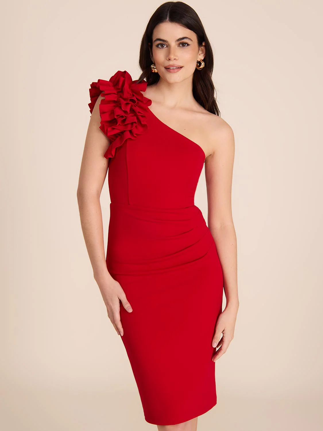 One-Shoulder Midi Sheath Dress With Rosettes - Image 4