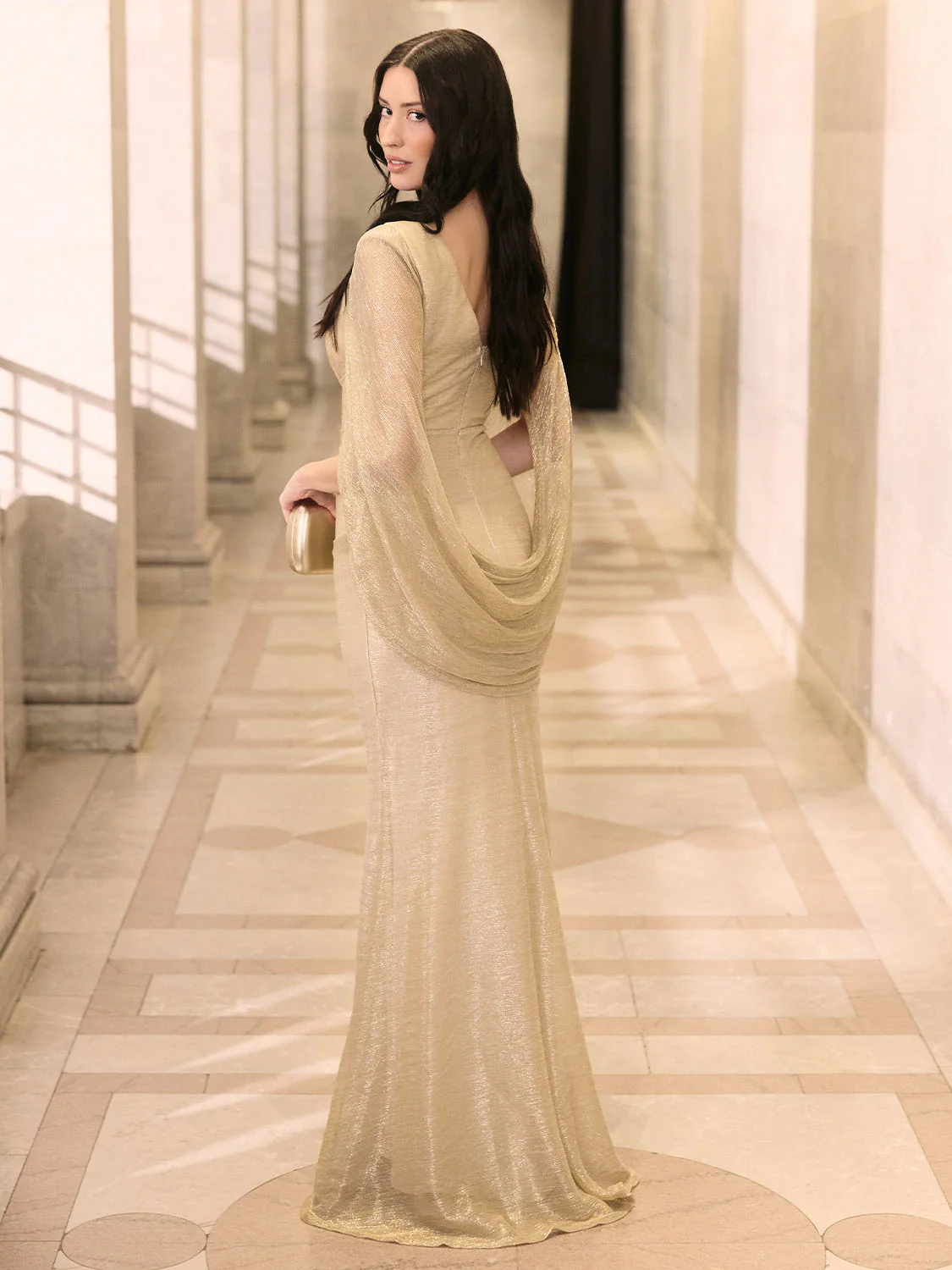 Metallic Crinkle Knit Gown With Back Cape