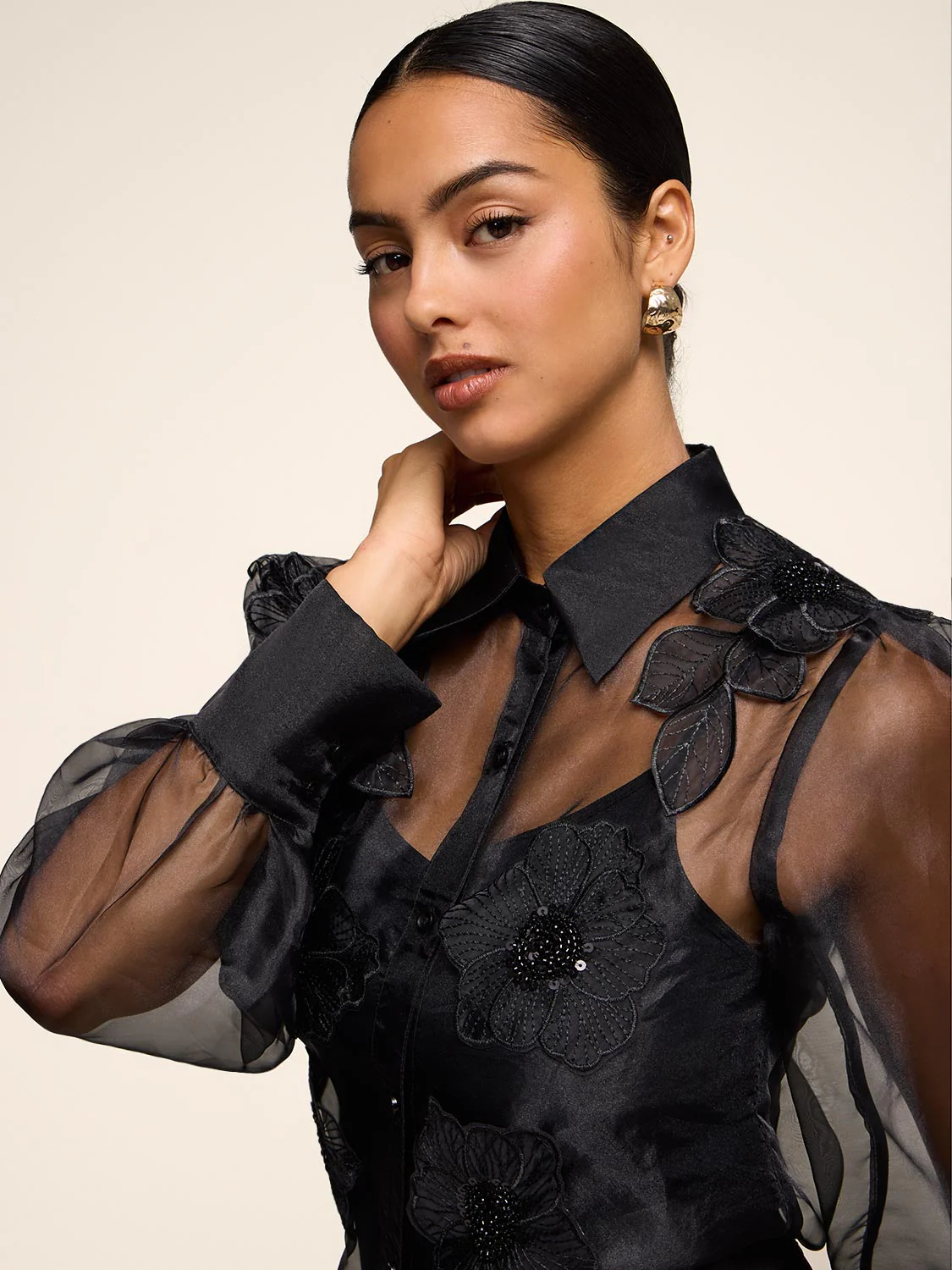 Organza Blouse With Floral Appliqué - Image 5