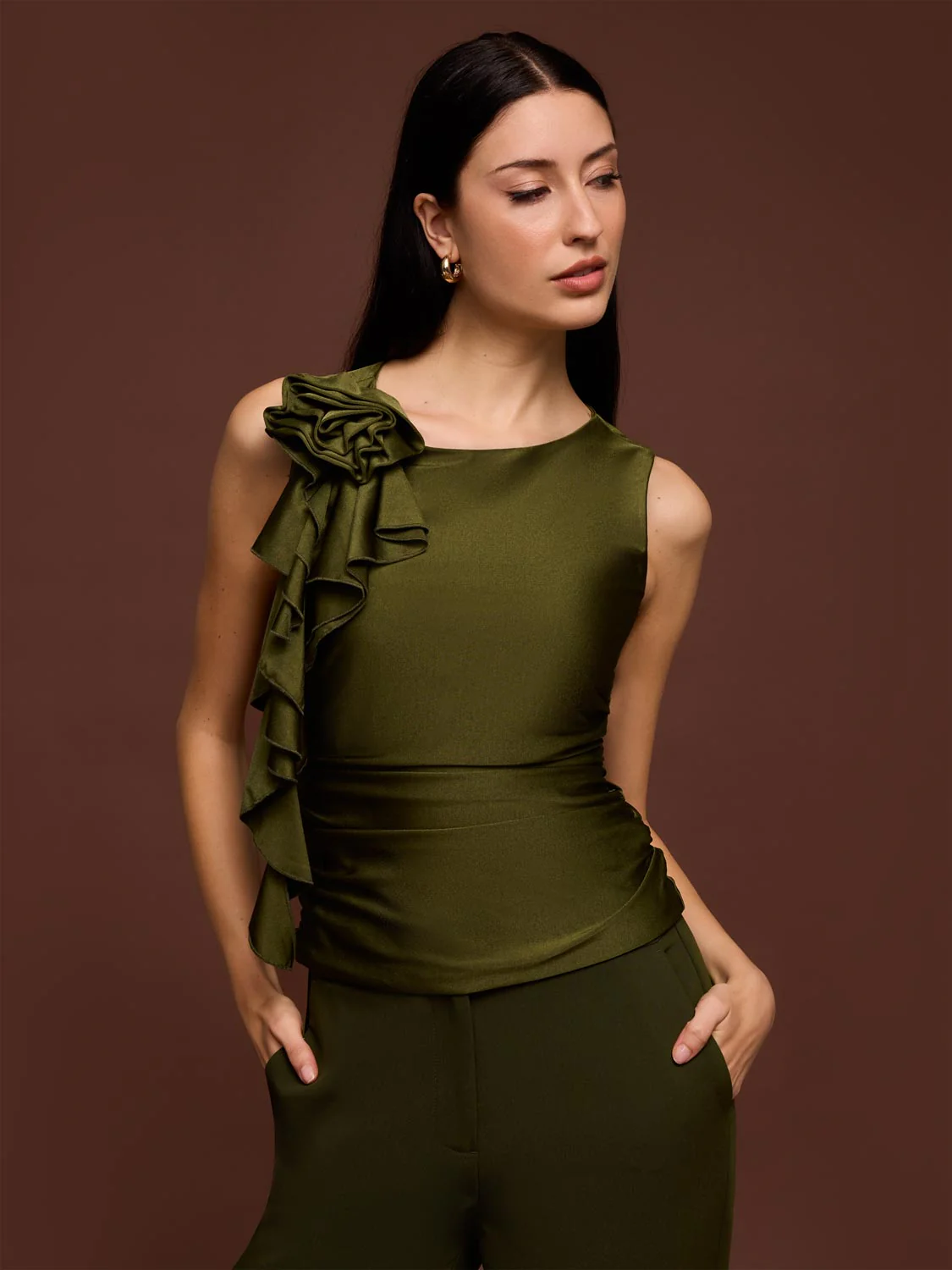Sleeveless Rosette Ruffle Top