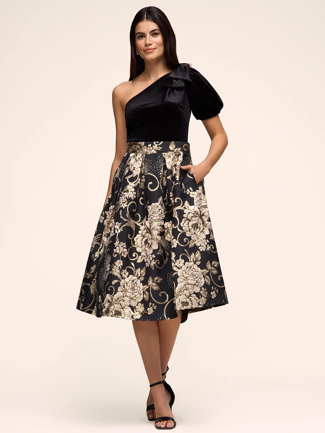 Jacquard Floral Pleated Midi Skirt
