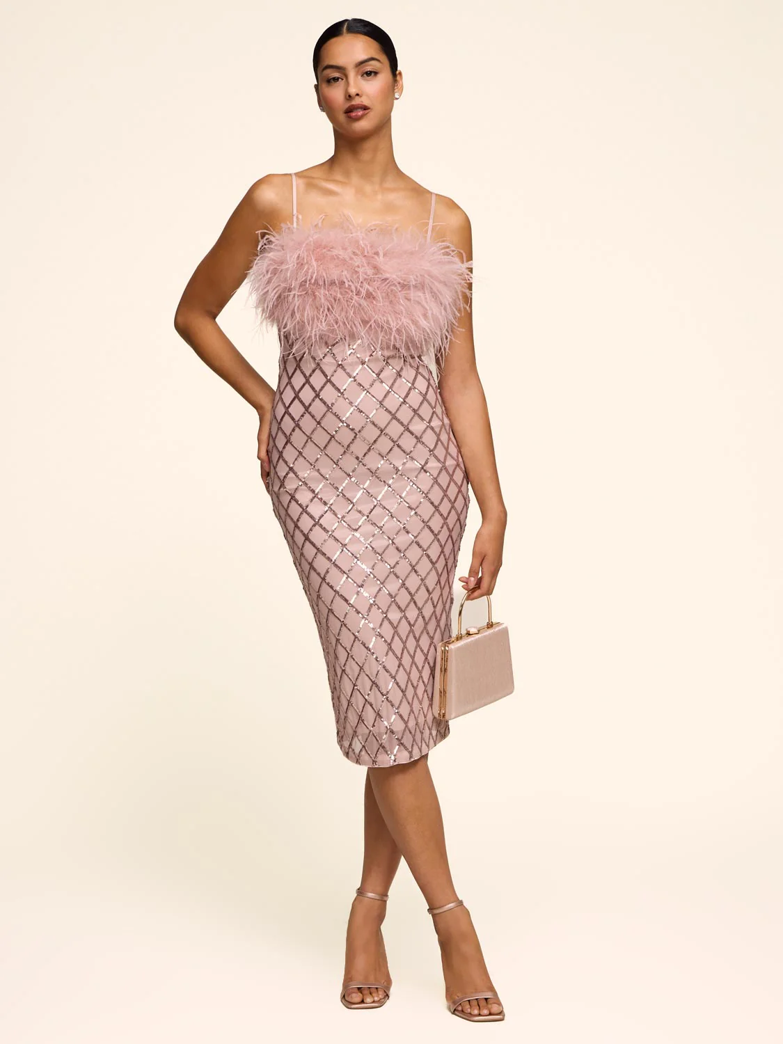 Sequin Midi Dress With Feather Trim - Image 2
