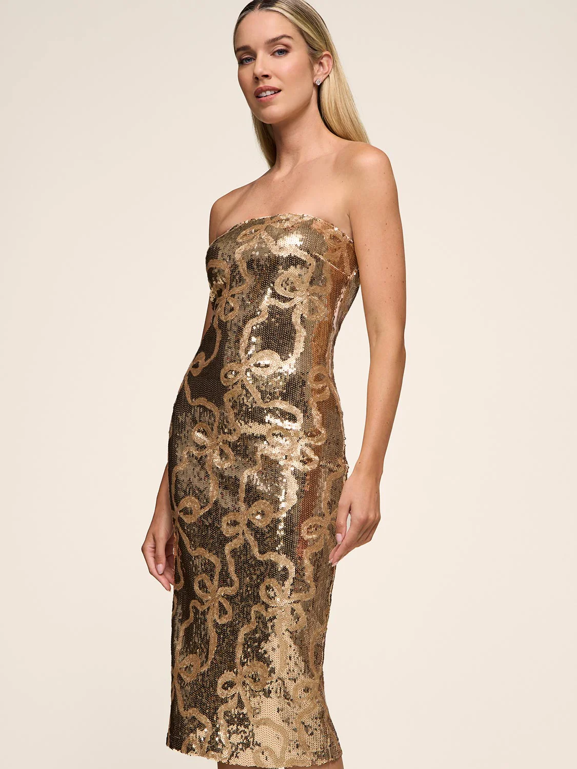 Strapless Sequin Midi Dress With Bows - Image 3