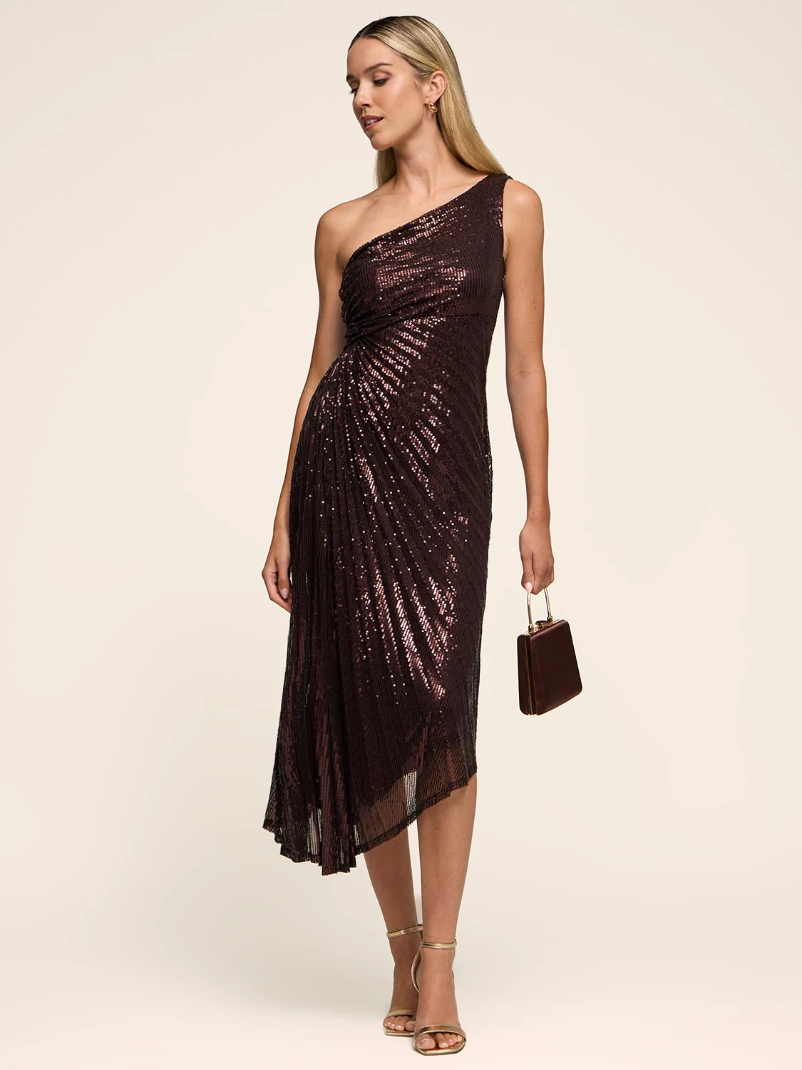 One-Shoulder Pleated Sequin Midi Dress