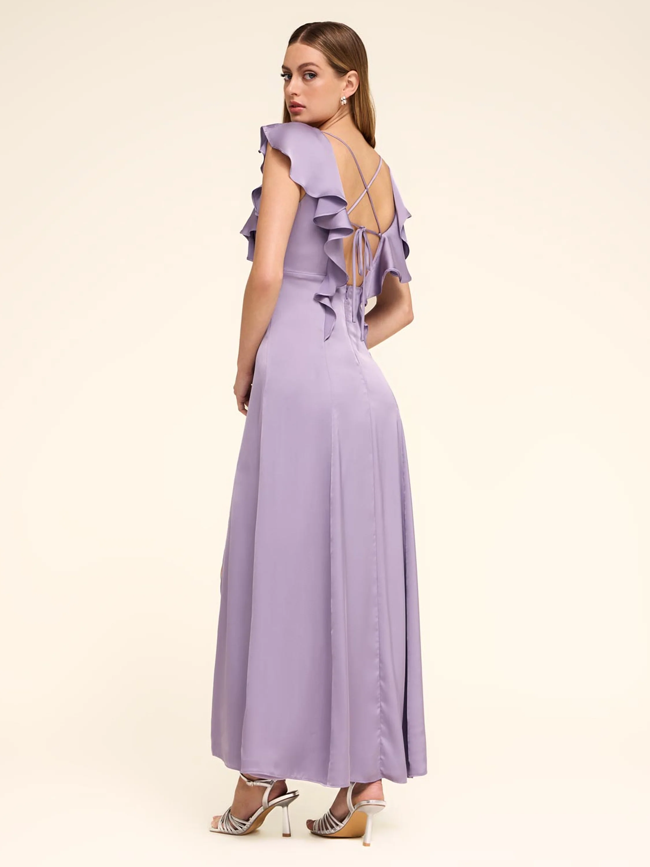 V-Neck Satin Dress With Ruffles - Image 4