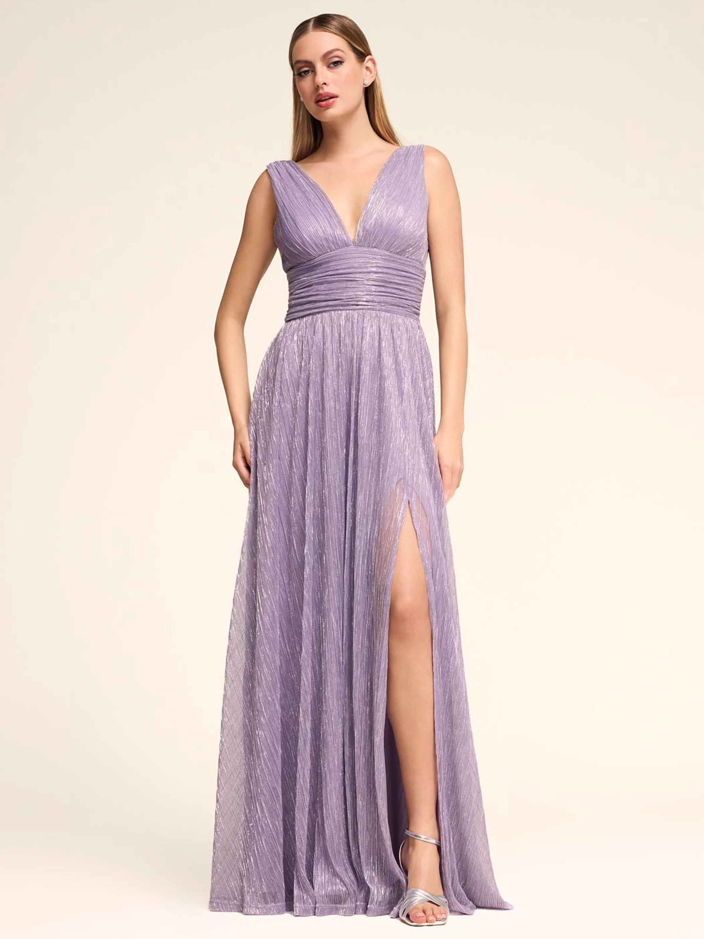 V-Neck Metallic Crinkle Knit Gown - Image 4