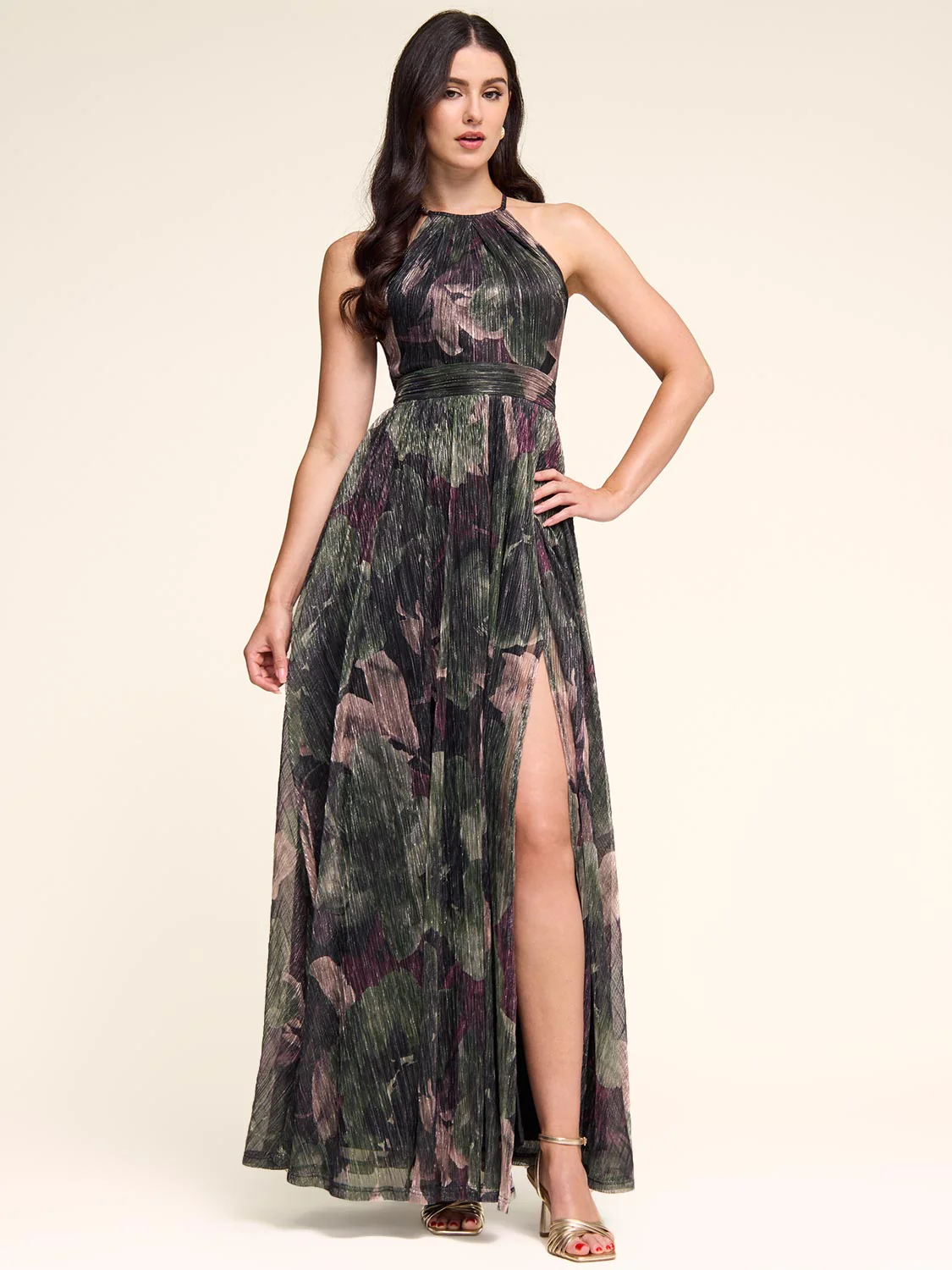 Floral Metallic Crinkle Knit Halter Neck Gown